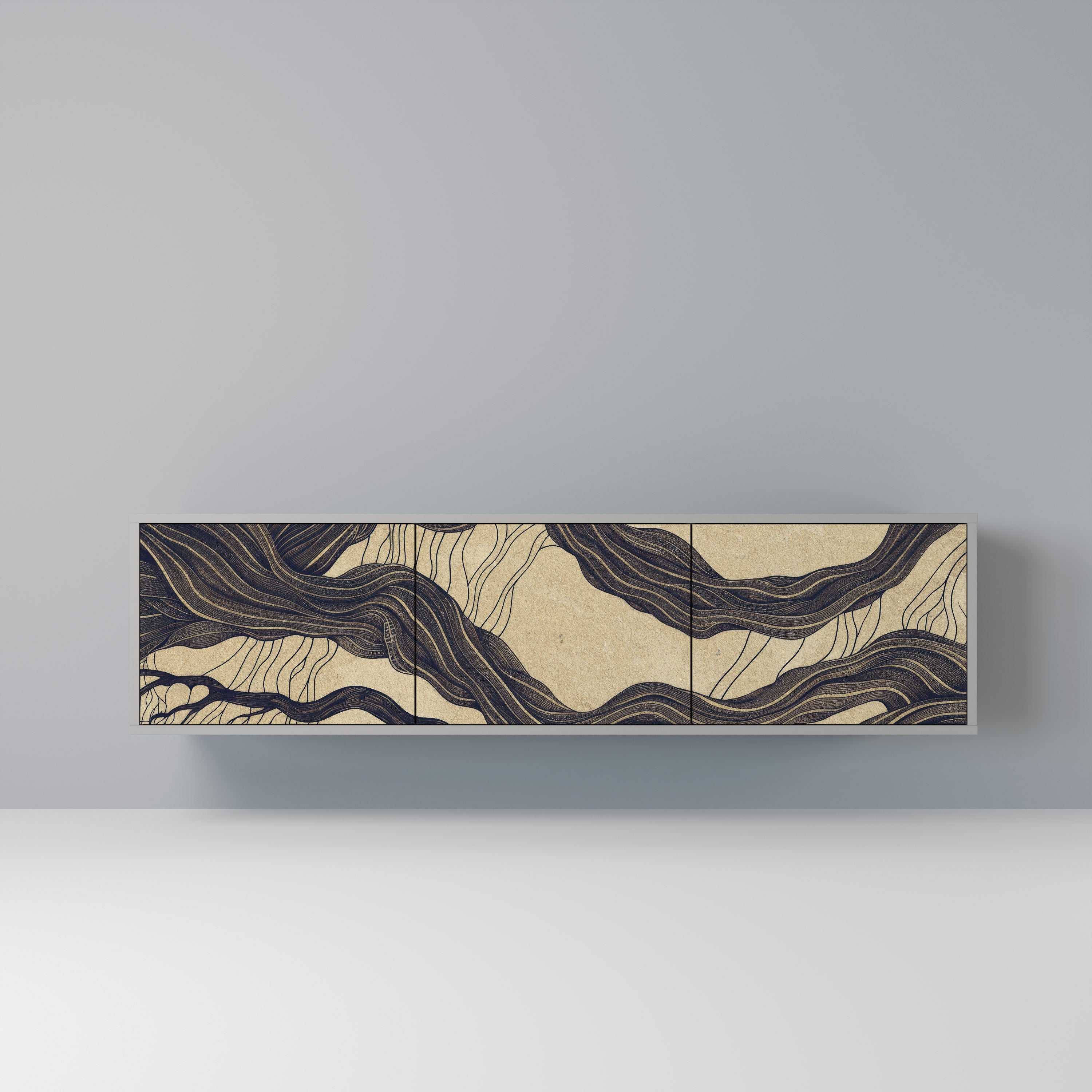 Meuble TV 3 portes UNIFIED FRAGMENTS, finition grise