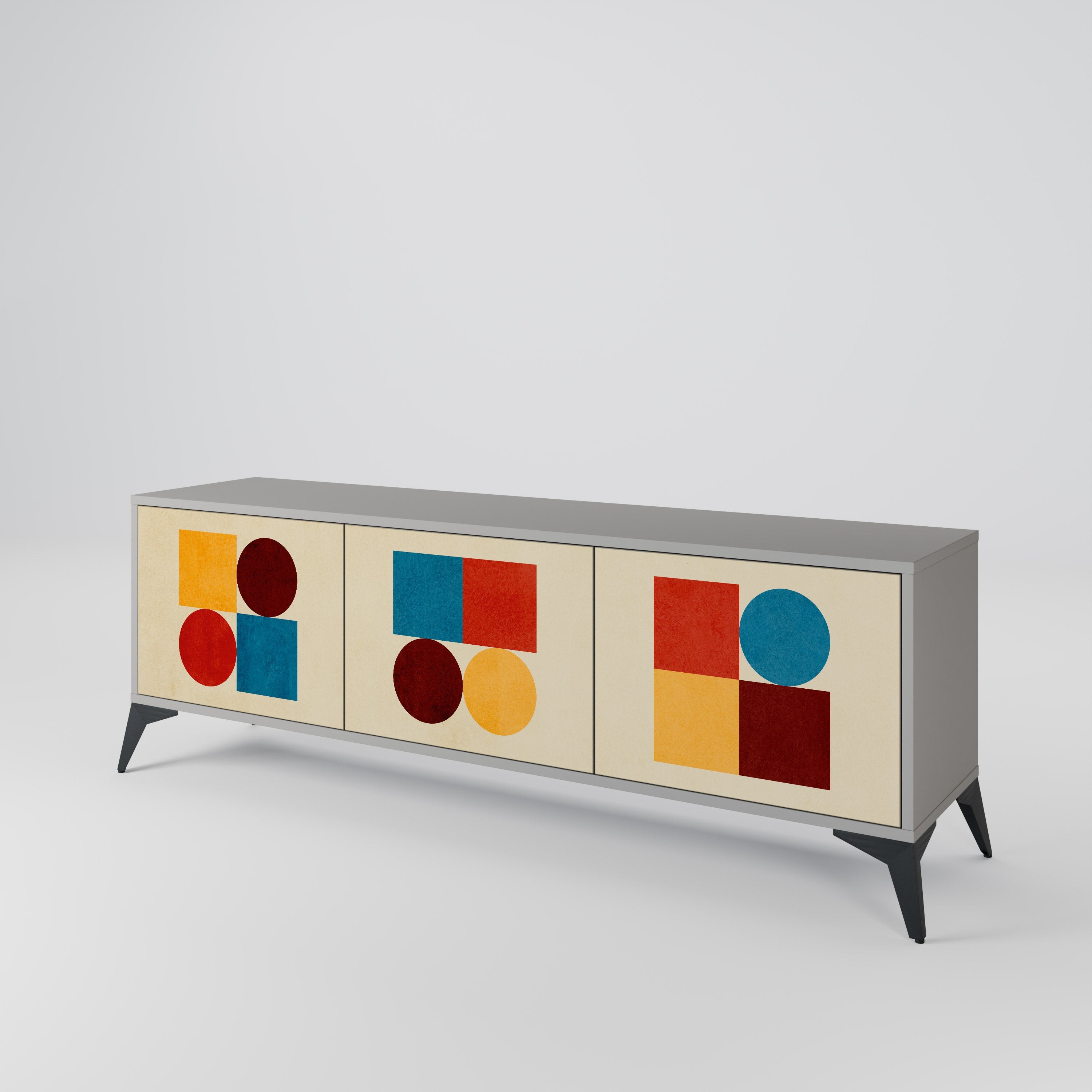 Meuble TV 3 portes GEOMETRIC PUZZLE, finition grise