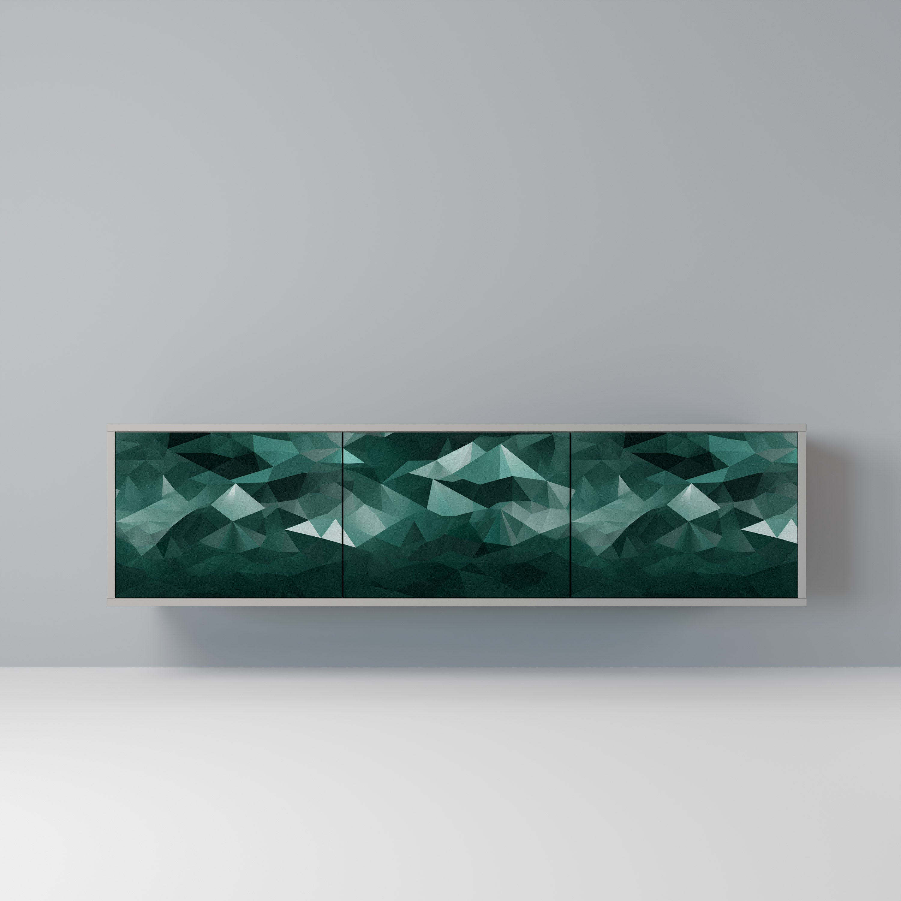 Meuble TV flottant polygonal à 3 portes, finition grise