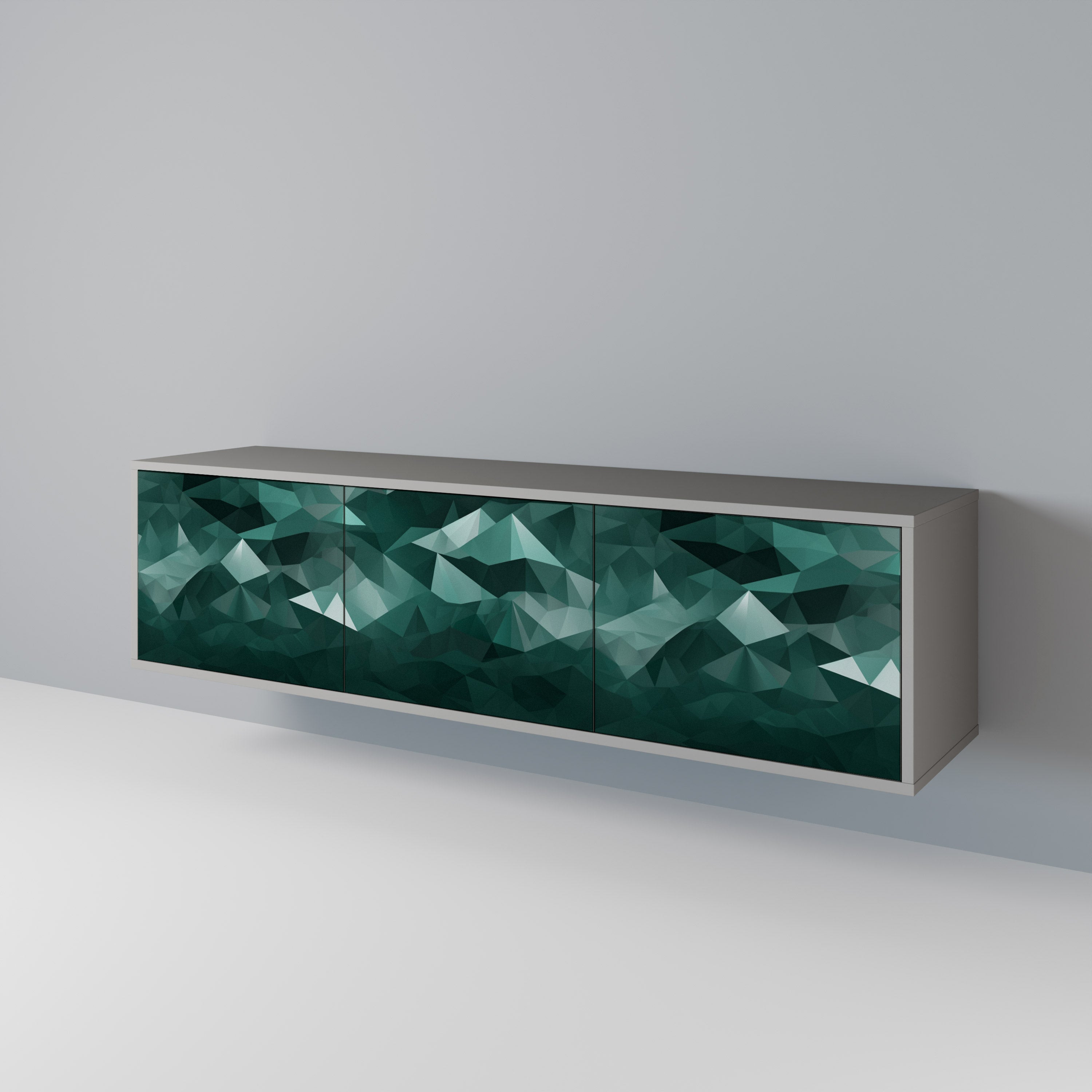 Meuble TV flottant polygonal à 3 portes, finition grise