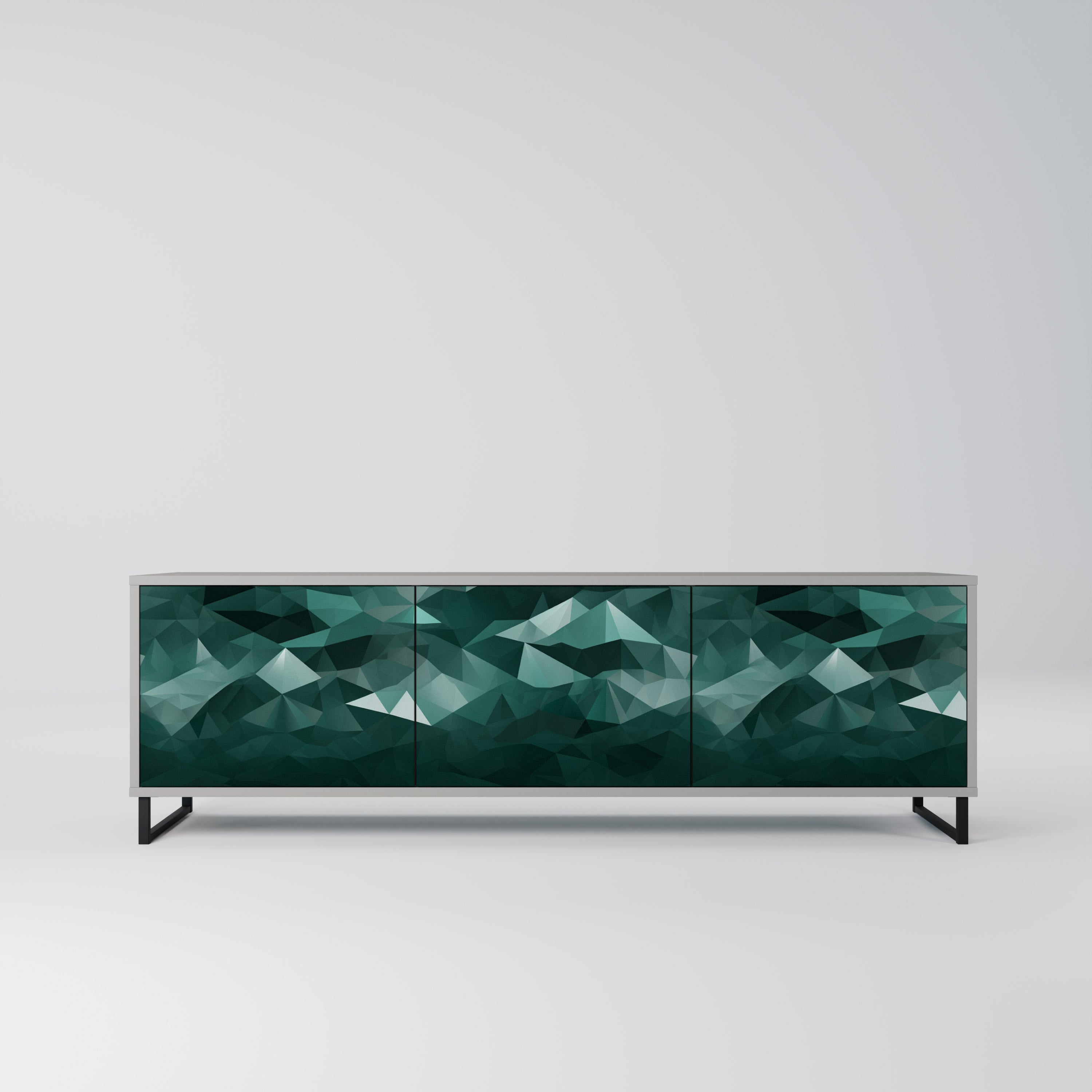 Meuble TV flottant polygonal à 3 portes, finition grise