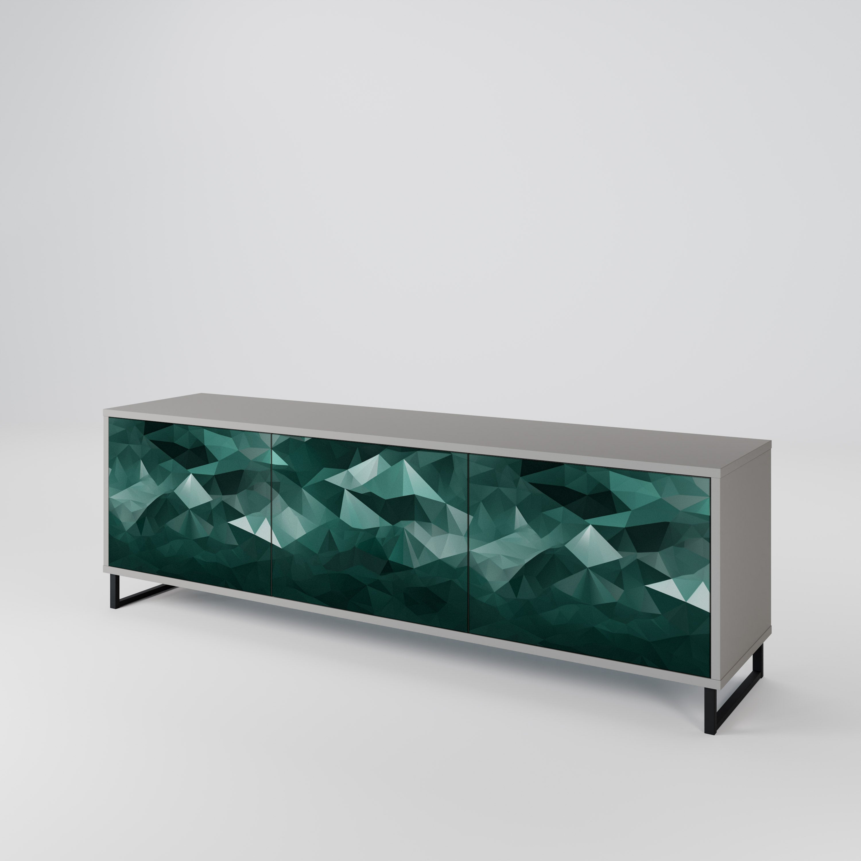 Meuble TV flottant polygonal à 3 portes, finition grise