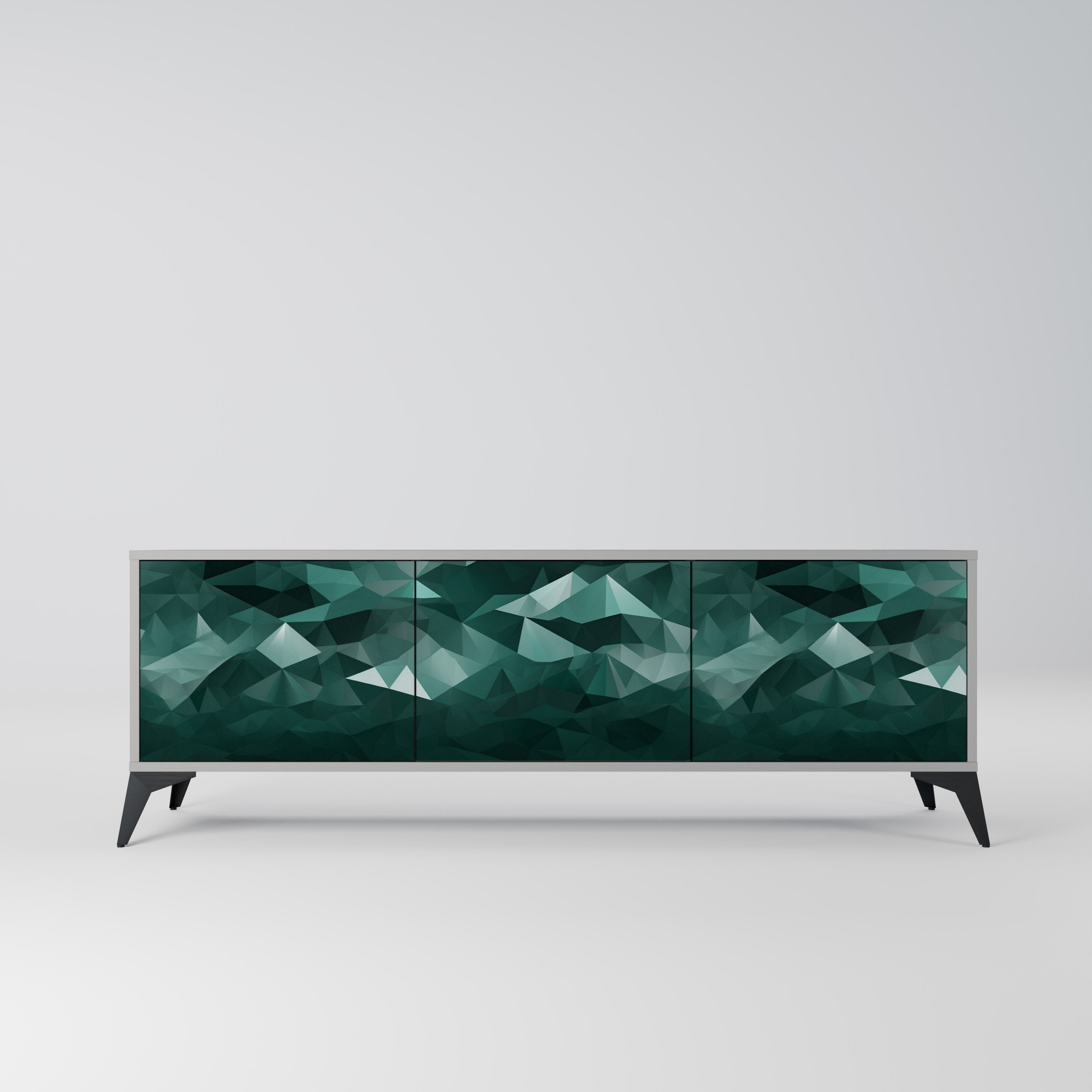 Meuble TV flottant polygonal à 3 portes, finition grise