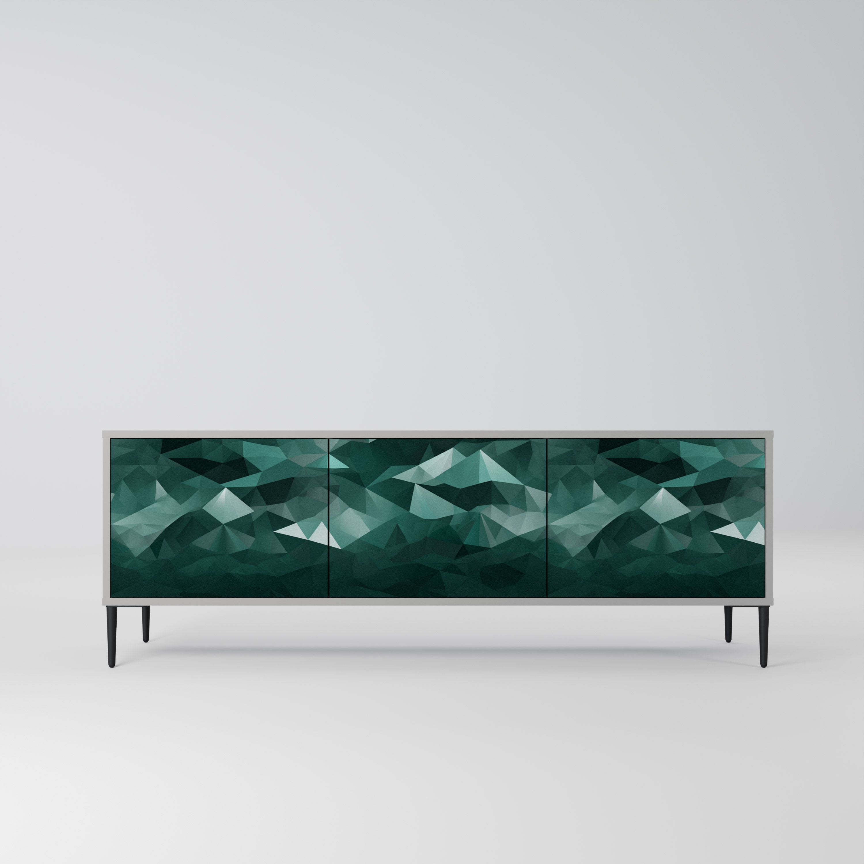 Meuble TV flottant polygonal à 3 portes, finition grise