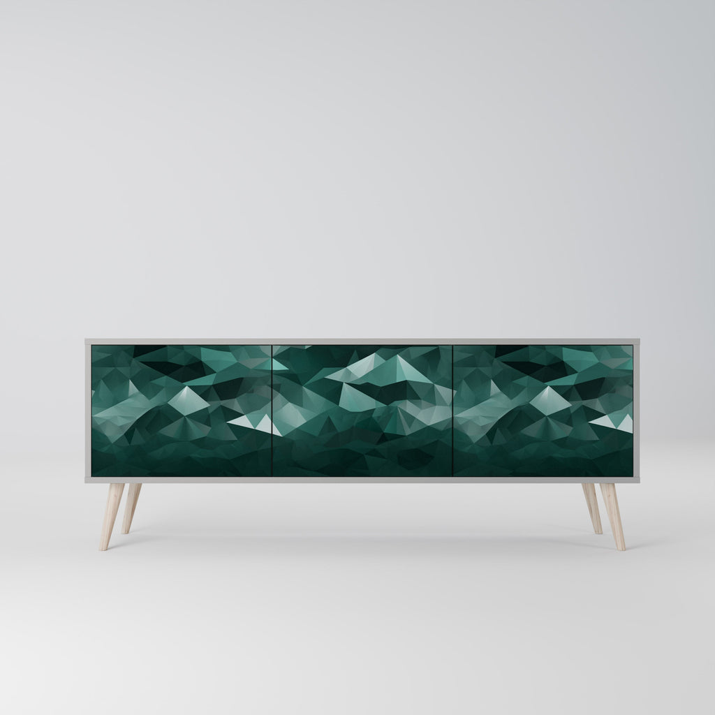 Meuble TV flottant polygonal à 3 portes, finition grise