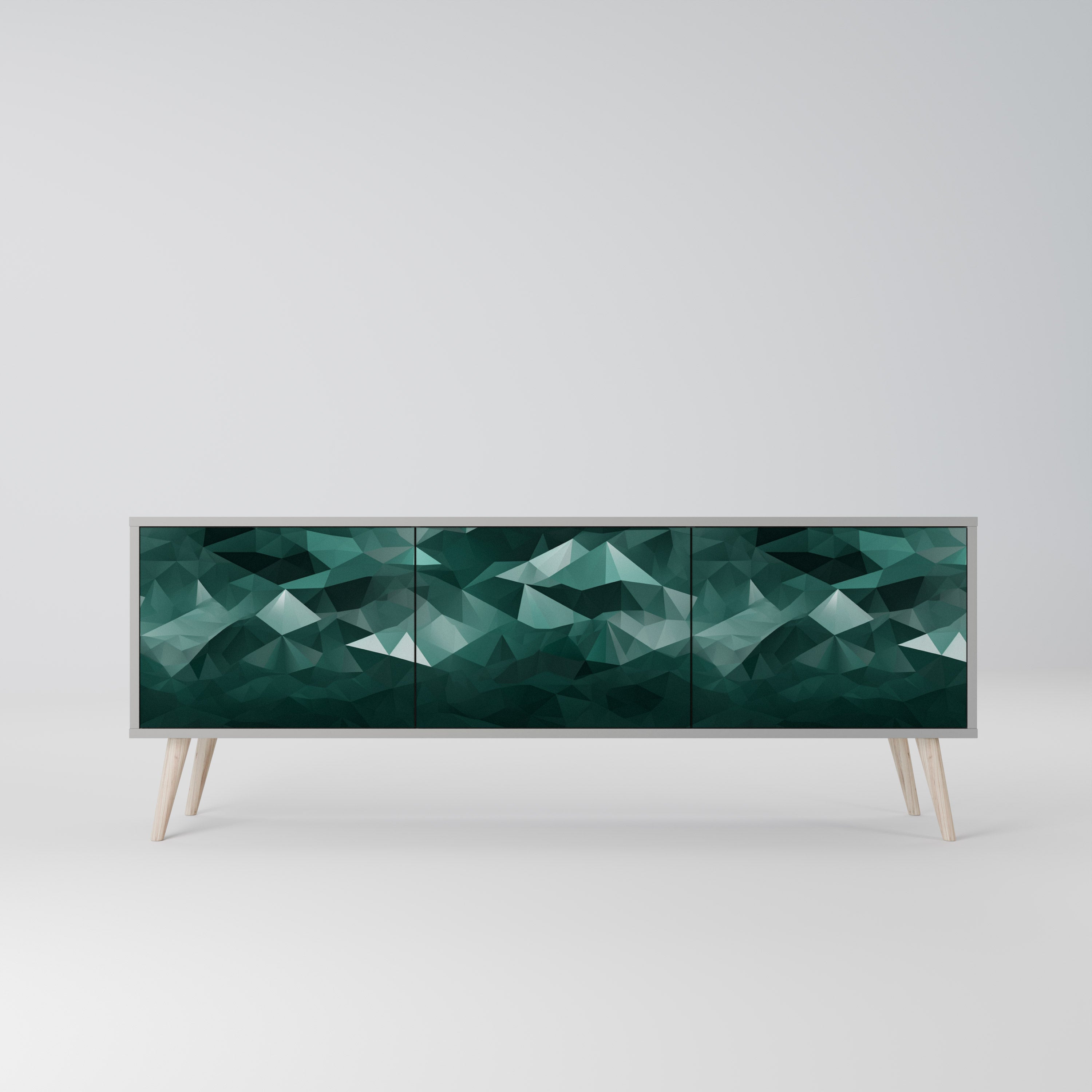 Meuble TV flottant polygonal à 3 portes, finition grise