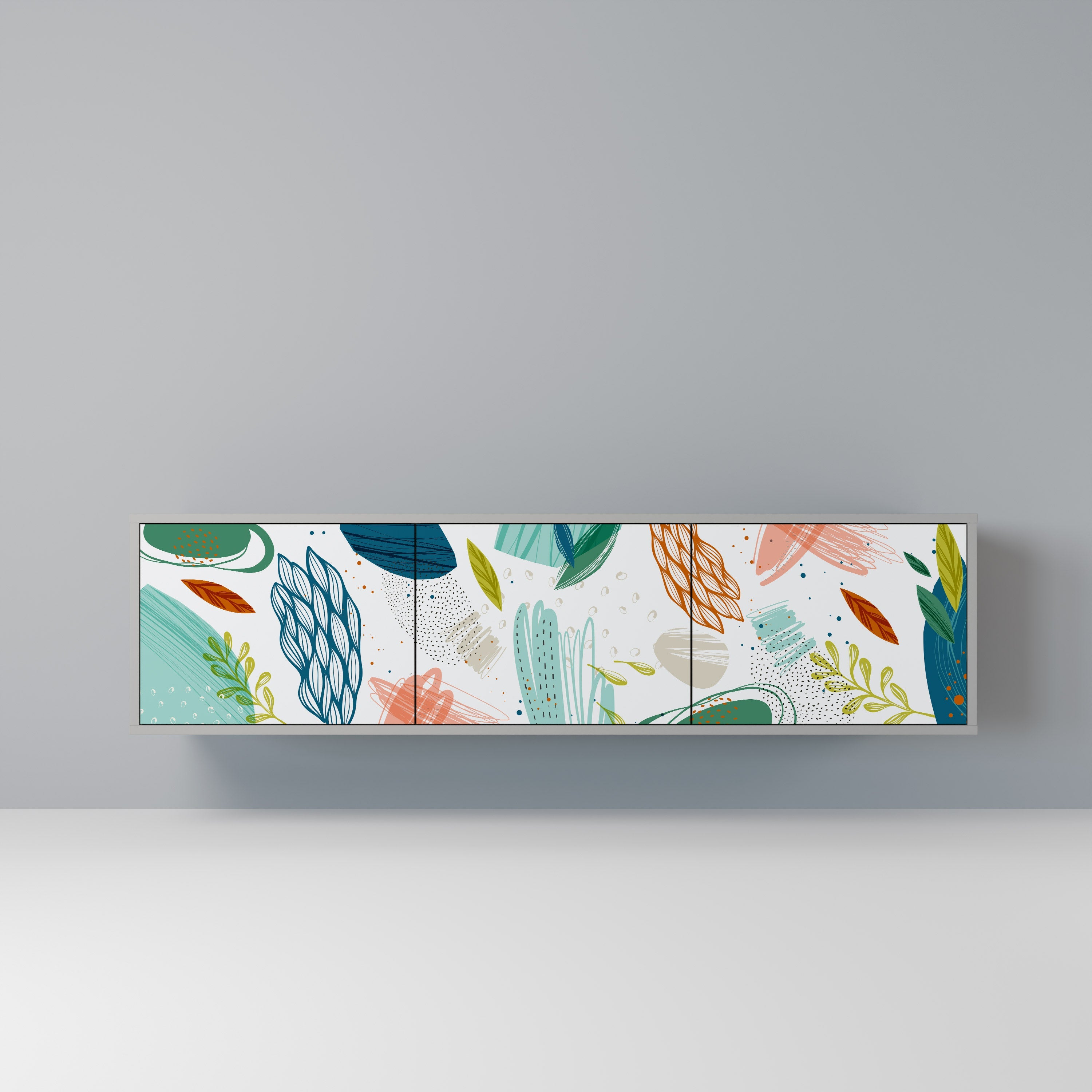 Meuble TV 3 portes BOTANICAL HURRICANE, finition grise