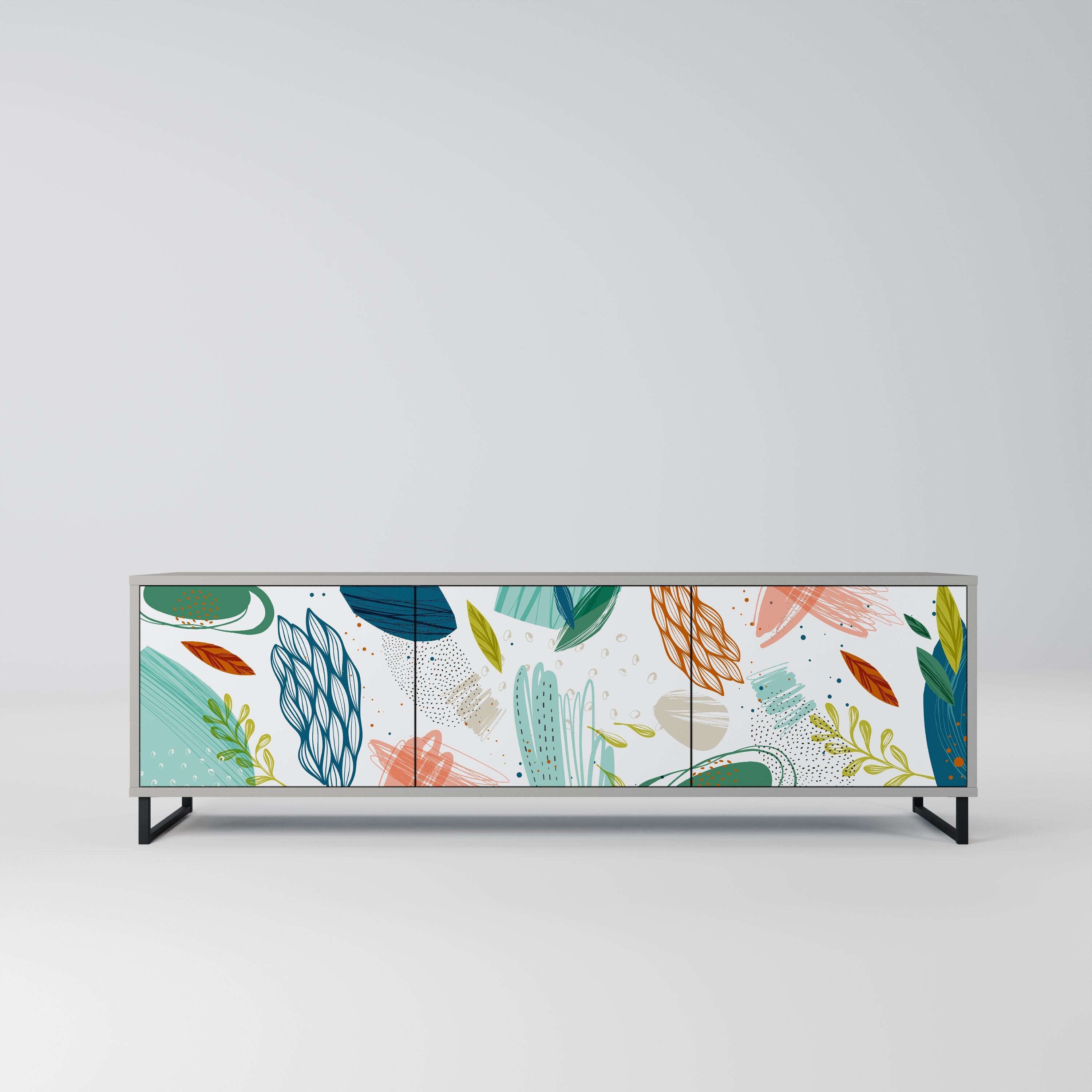 Meuble TV 3 portes BOTANICAL HURRICANE, finition grise