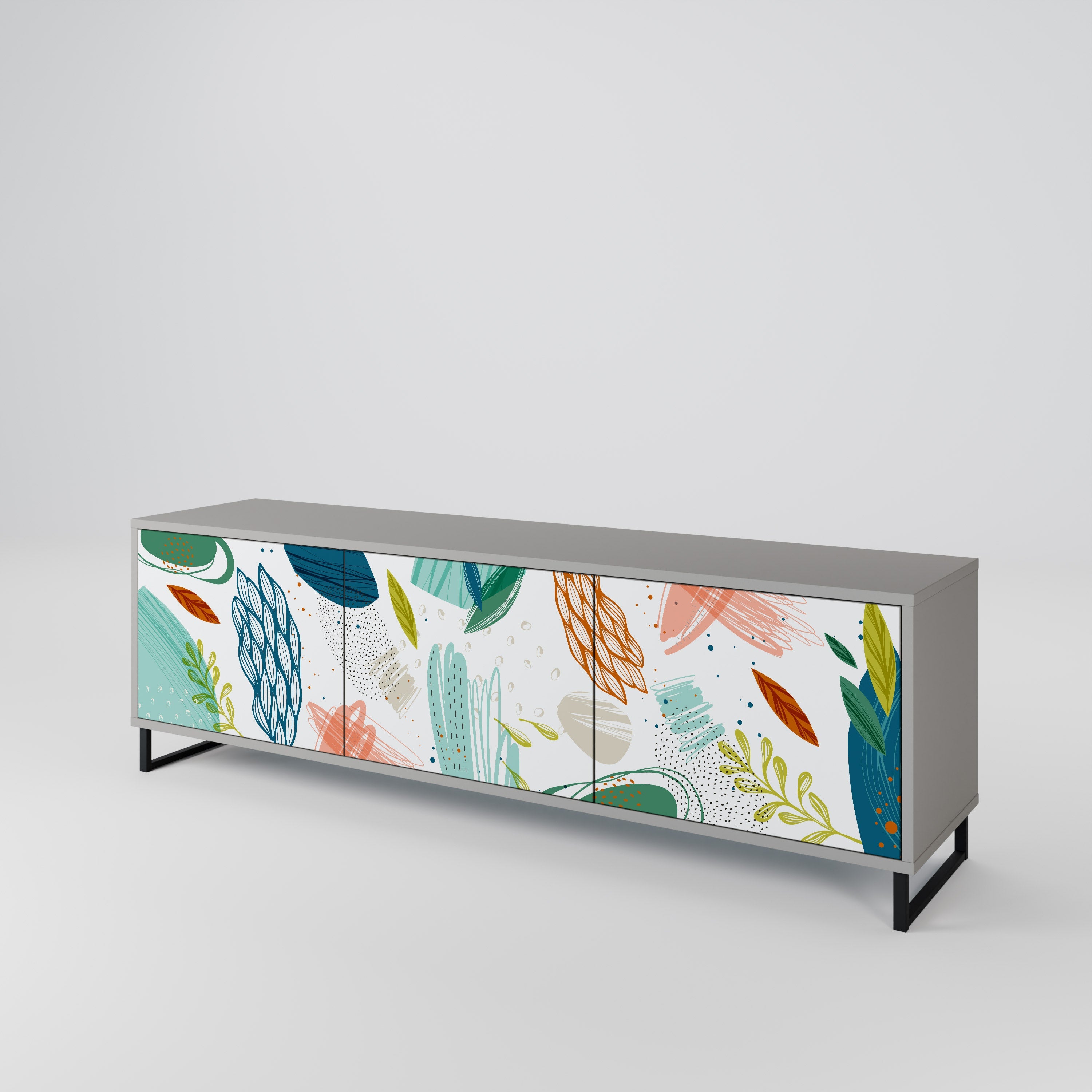 Meuble TV 3 portes BOTANICAL HURRICANE, finition grise