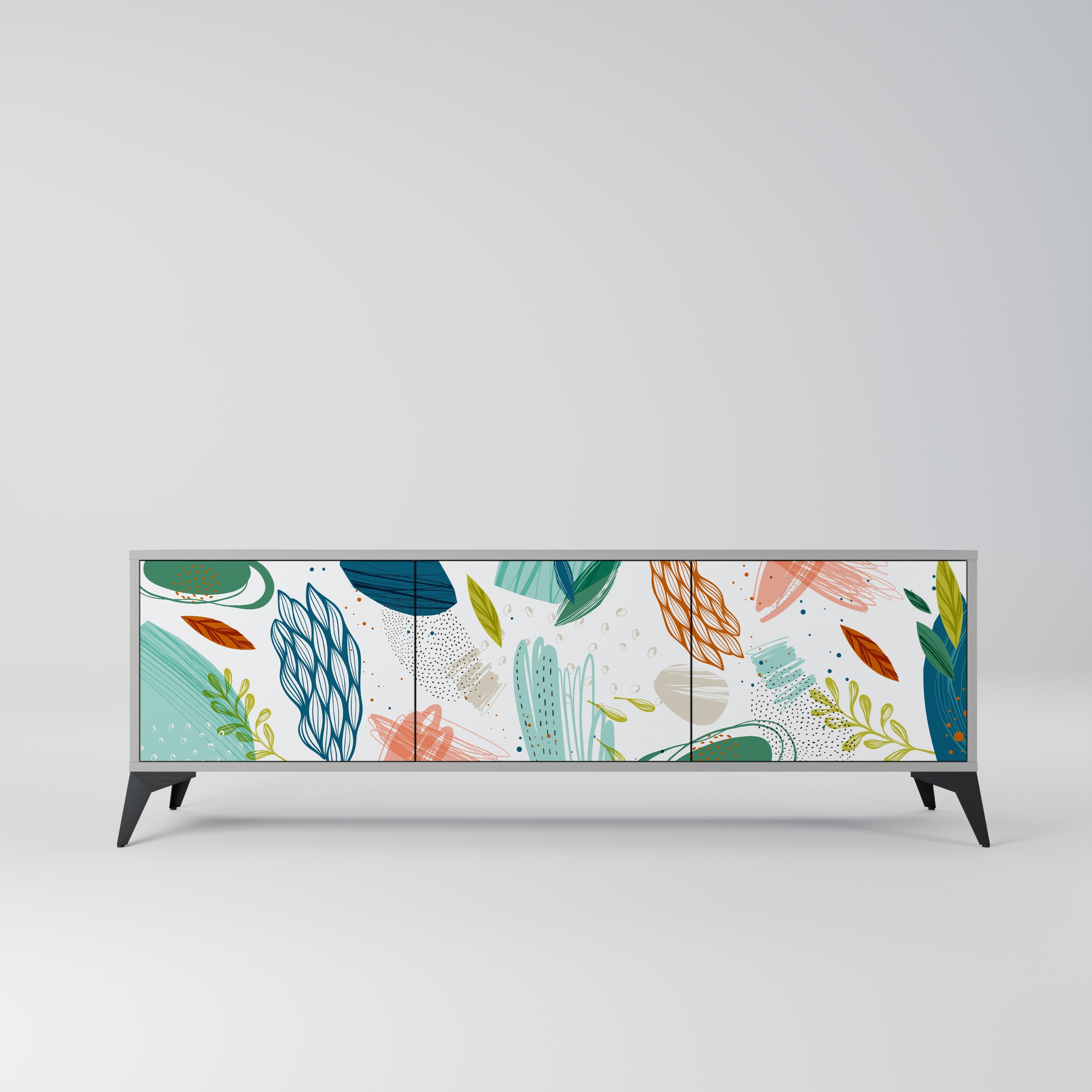 Meuble TV 3 portes BOTANICAL HURRICANE, finition grise