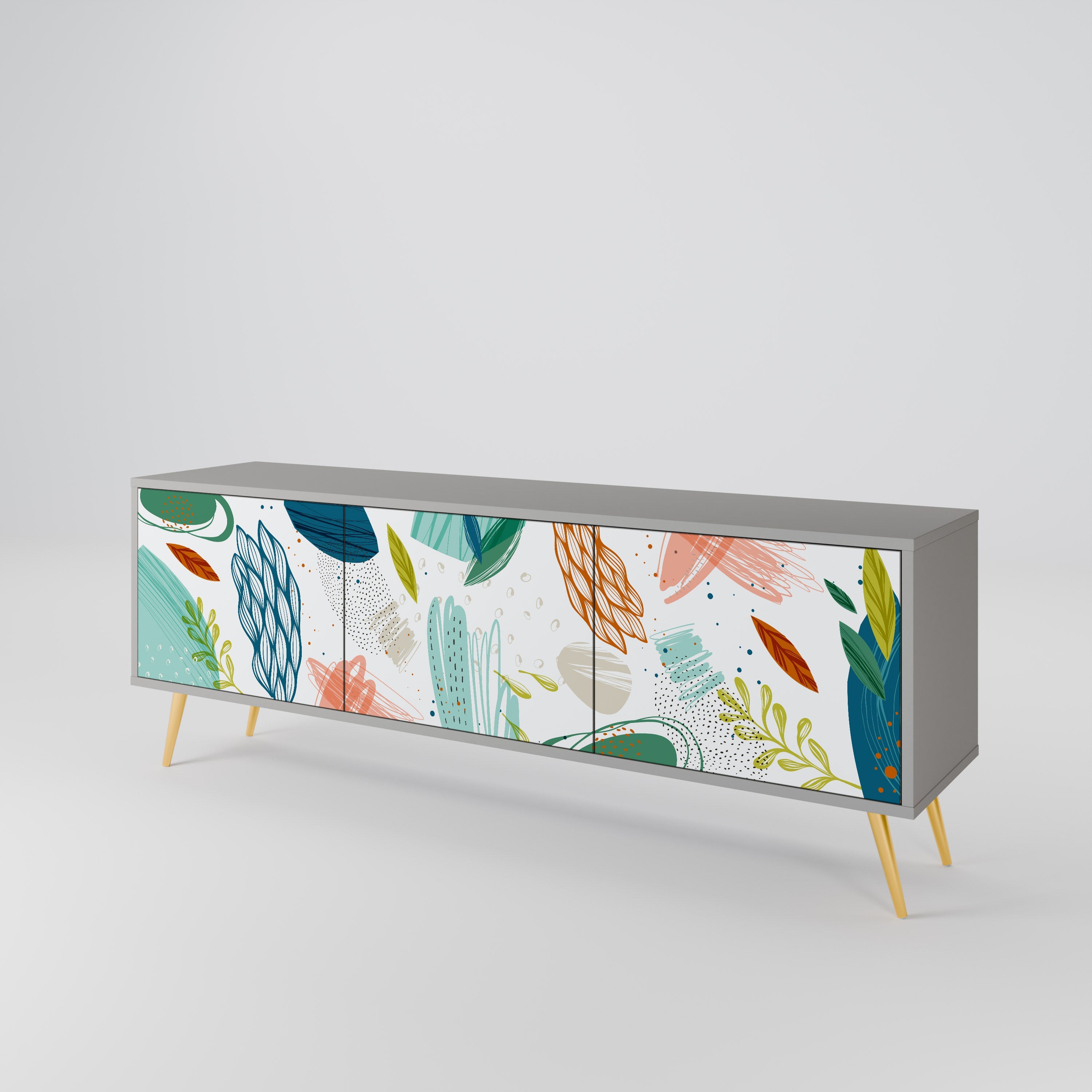 Meuble TV 3 portes BOTANICAL HURRICANE, finition grise