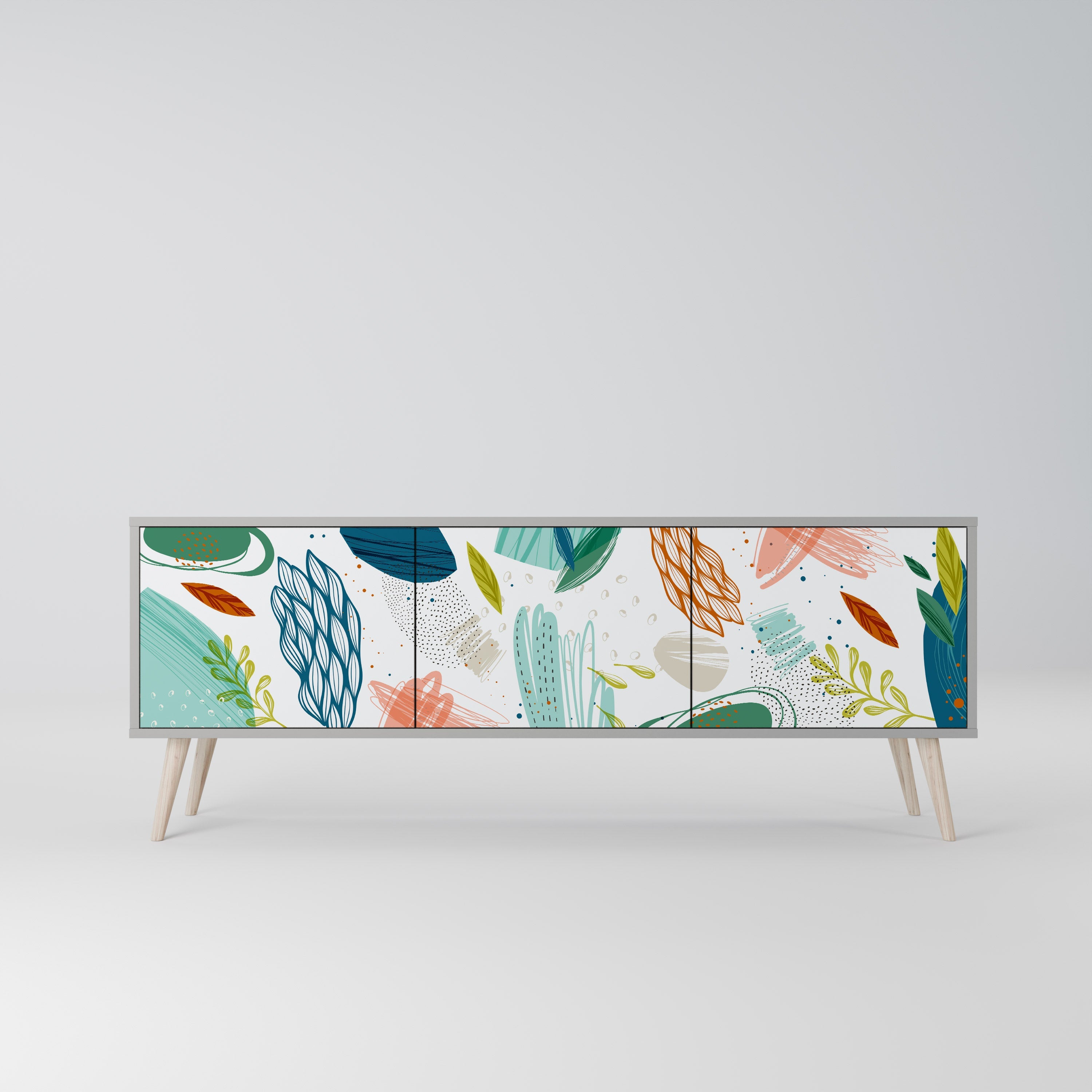 Meuble TV 3 portes BOTANICAL HURRICANE, finition grise