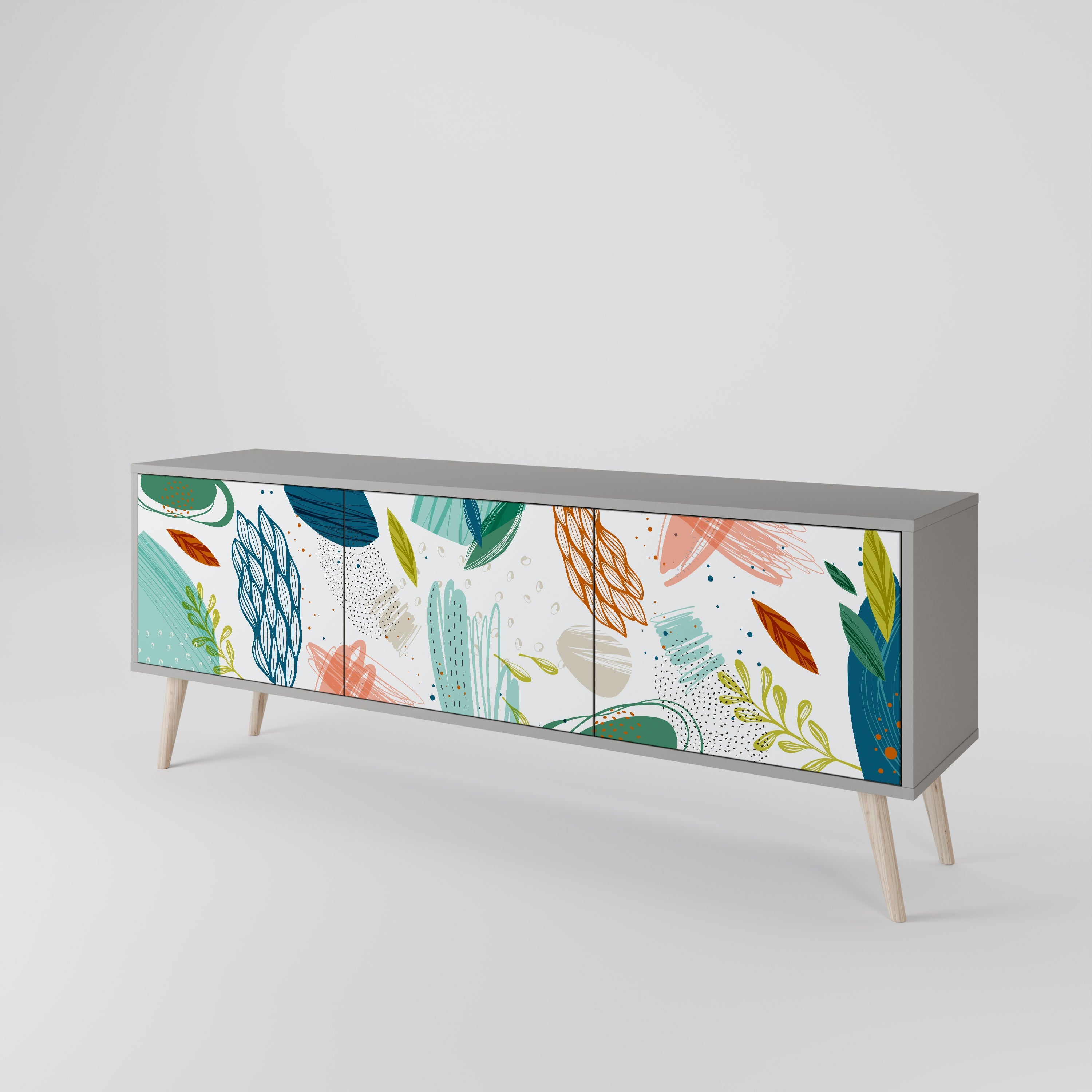 Meuble TV 3 portes BOTANICAL HURRICANE, finition grise