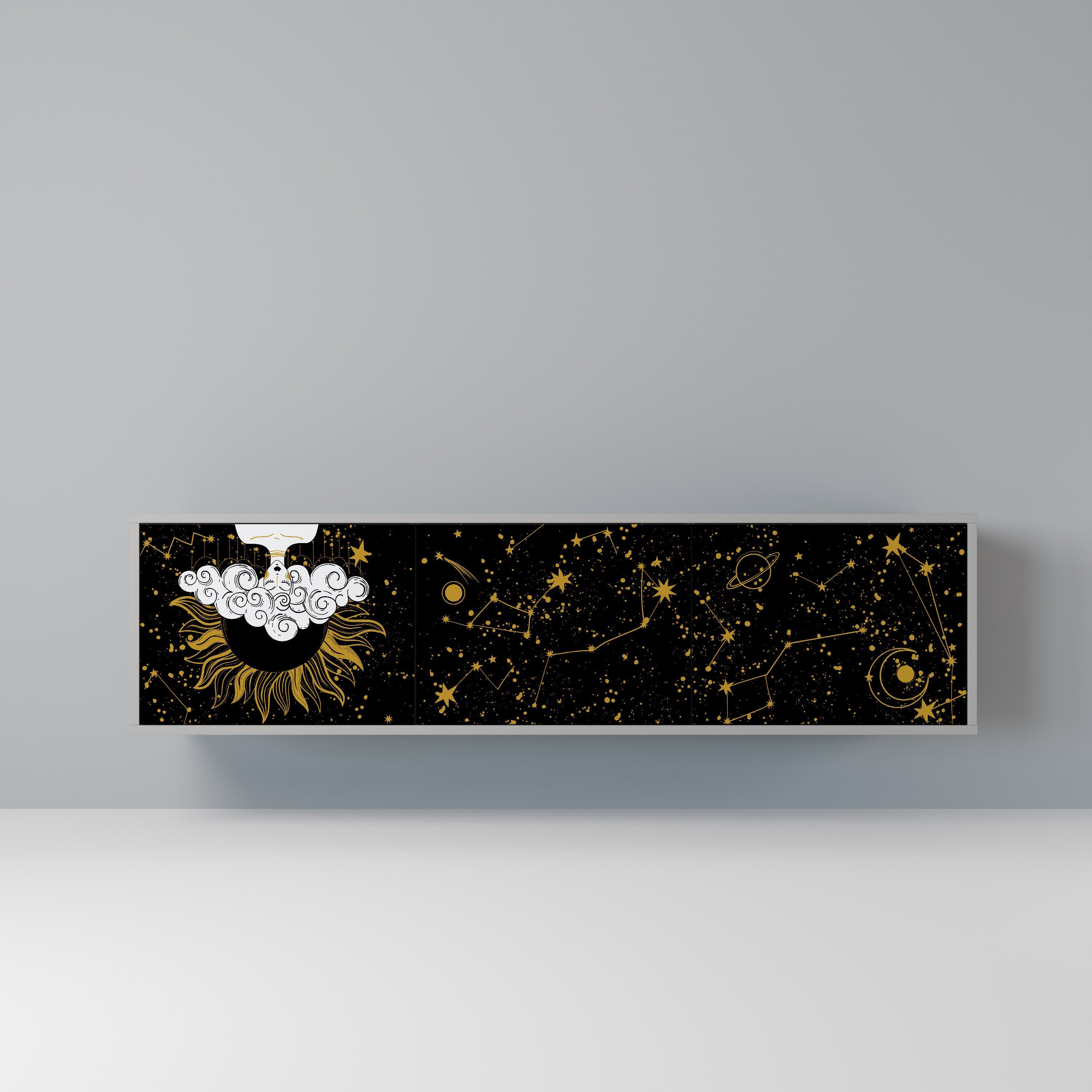 Meuble TV 3 portes STELLAR CONSTELLATIONS, finition grise