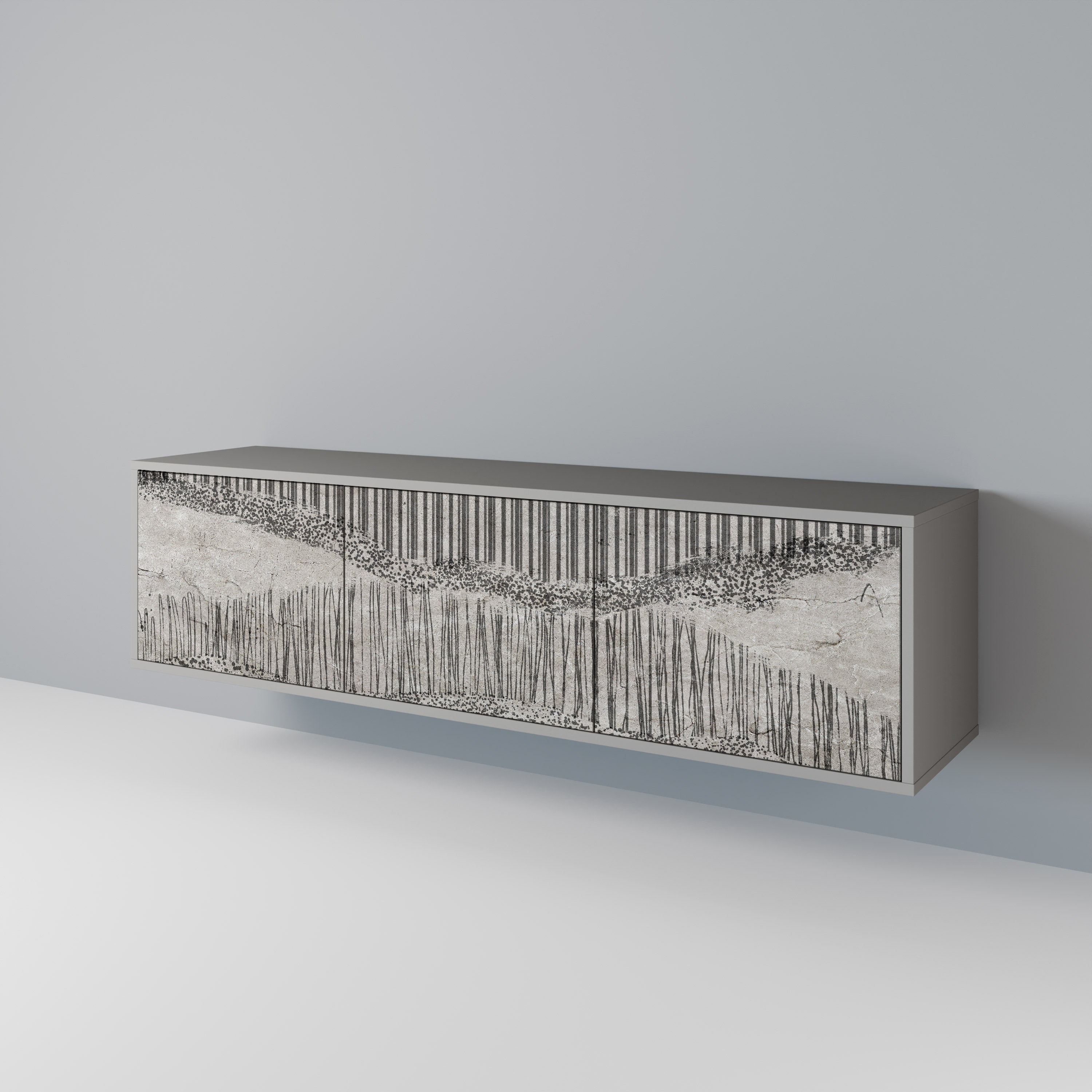 Meuble TV 3 portes GRAIN LINES, finition grise