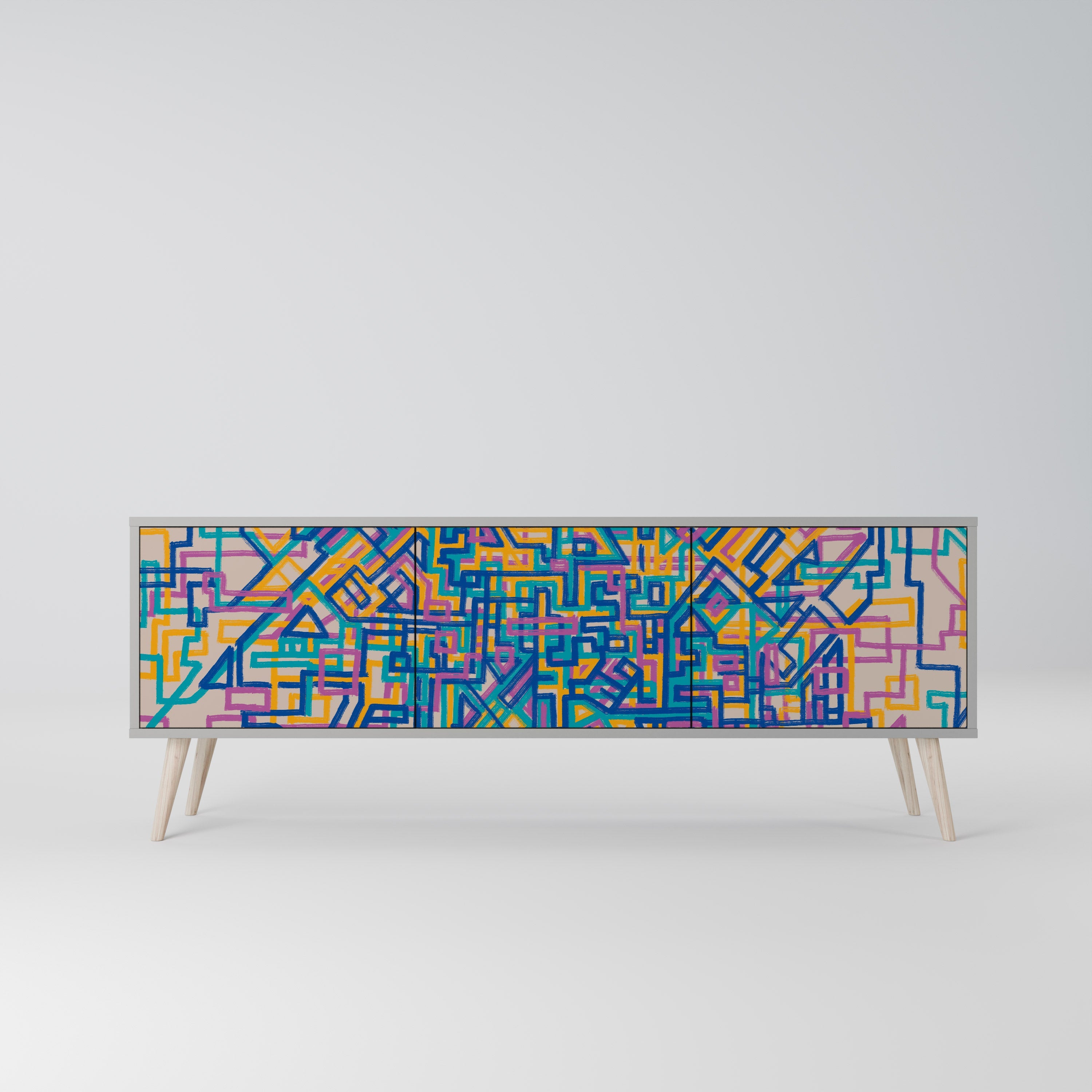 Meuble TV 3 portes MEMORIES MAP, finition grise