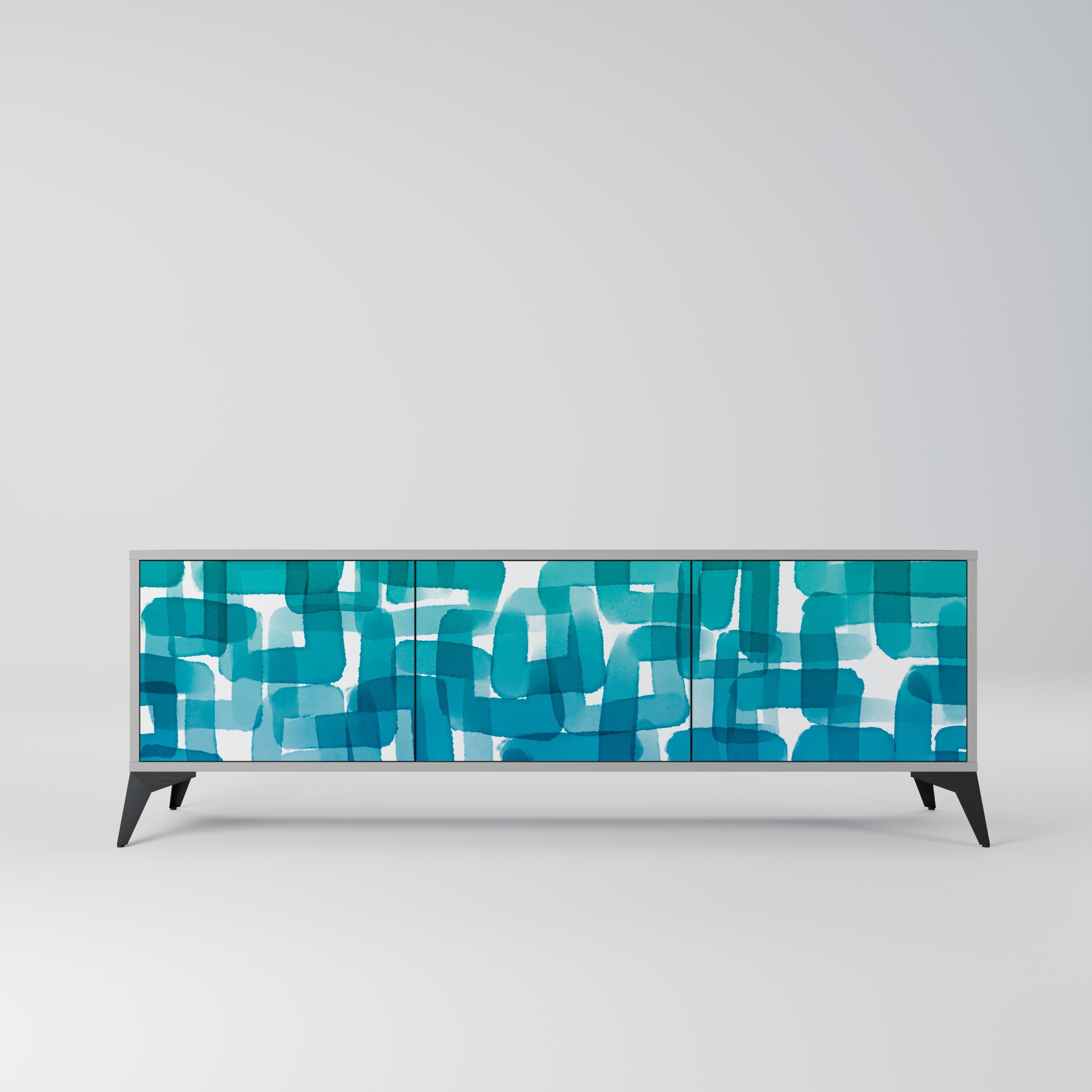 Meuble TV 3 portes TURQUOISE RECTANGLES en finition grise