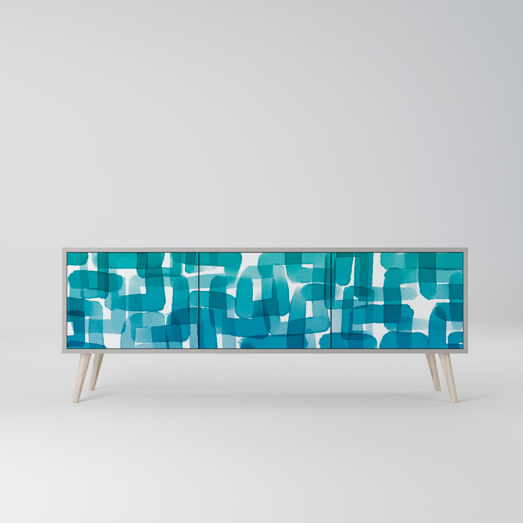 Meuble TV 3 portes TURQUOISE RECTANGLES en finition grise