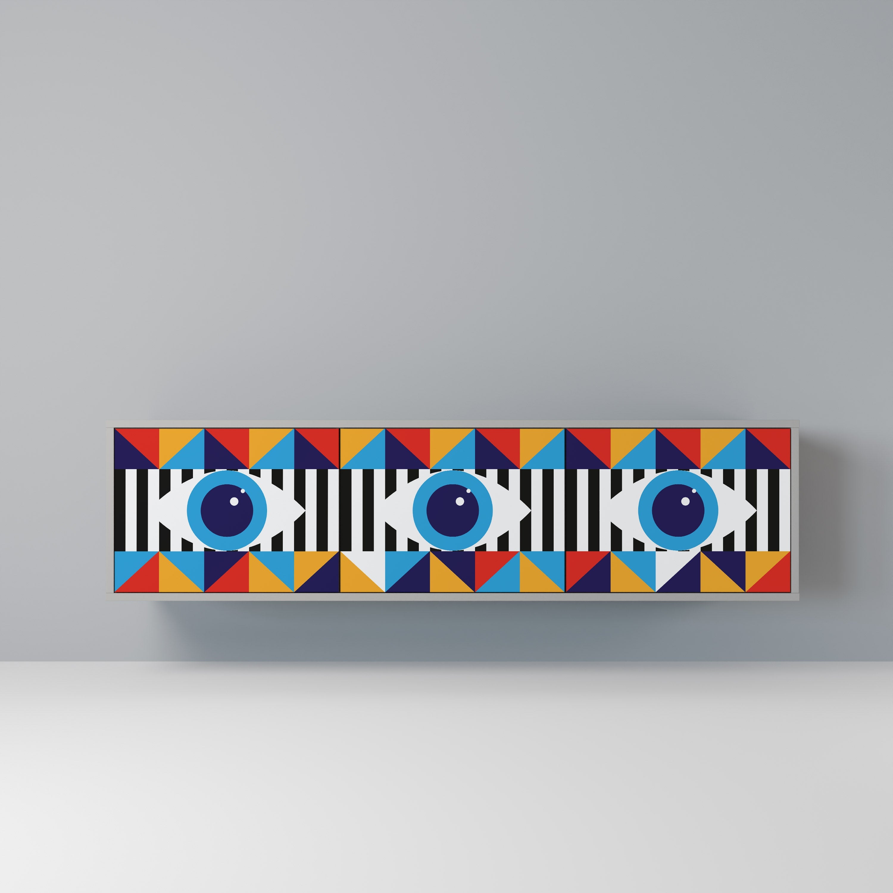 Meuble TV 3 portes ABSTRACTION ET GÉOMÉTRIE, finition grise