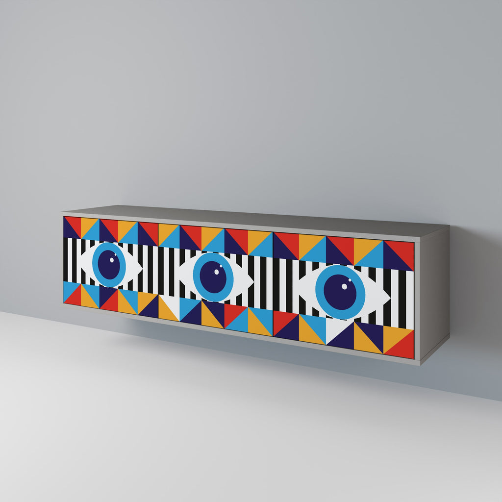 Meuble TV 3 portes ABSTRACTION ET GÉOMÉTRIE, finition grise