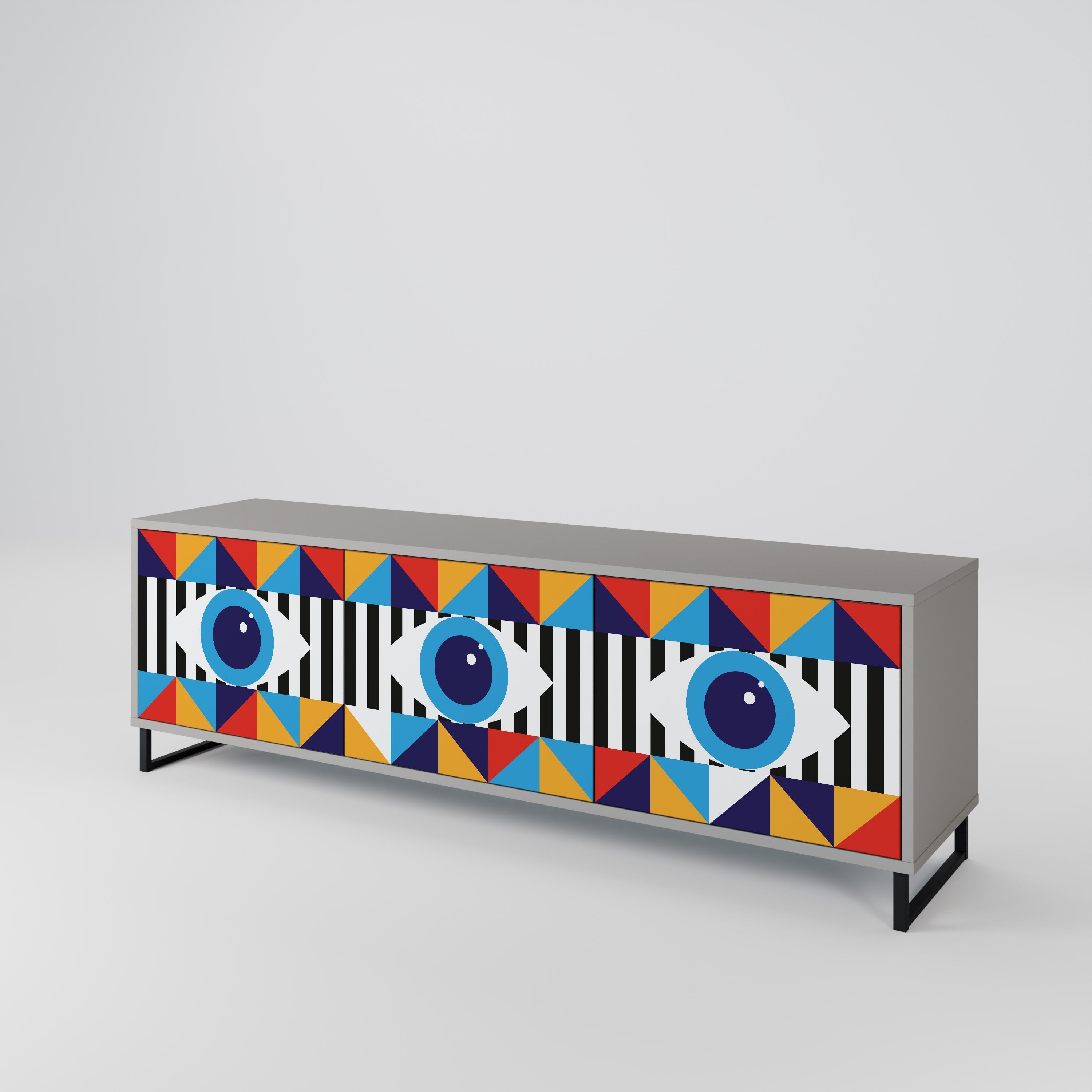 Meuble TV 3 portes ABSTRACTION ET GÉOMÉTRIE, finition grise