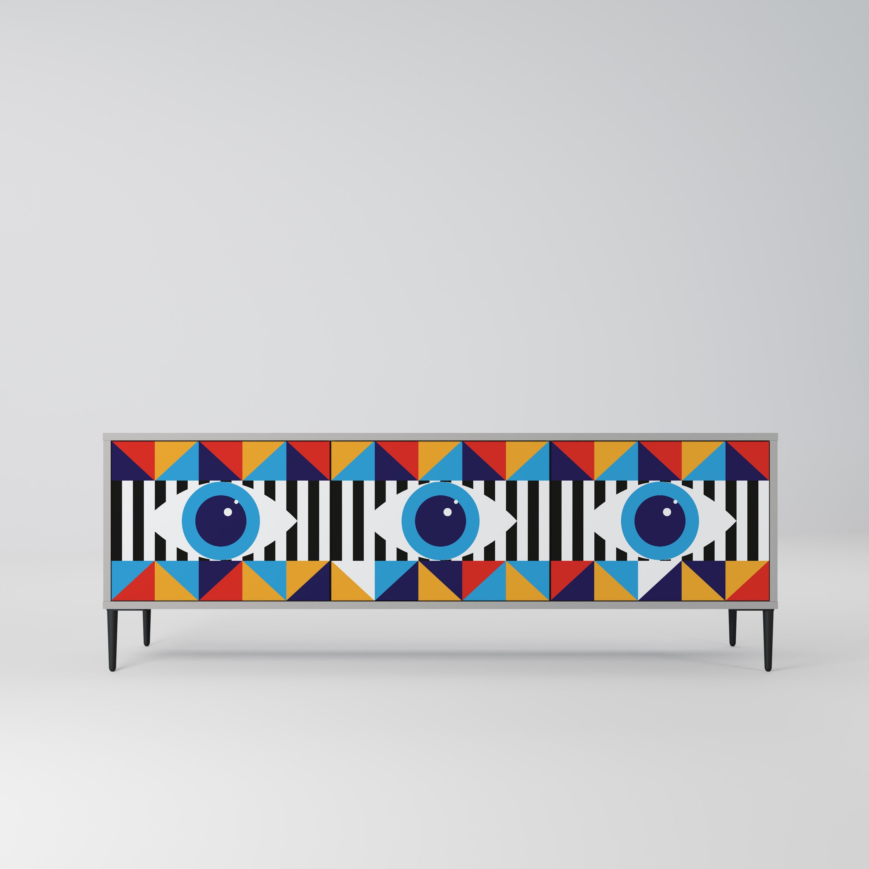 Meuble TV 3 portes ABSTRACTION ET GÉOMÉTRIE, finition grise