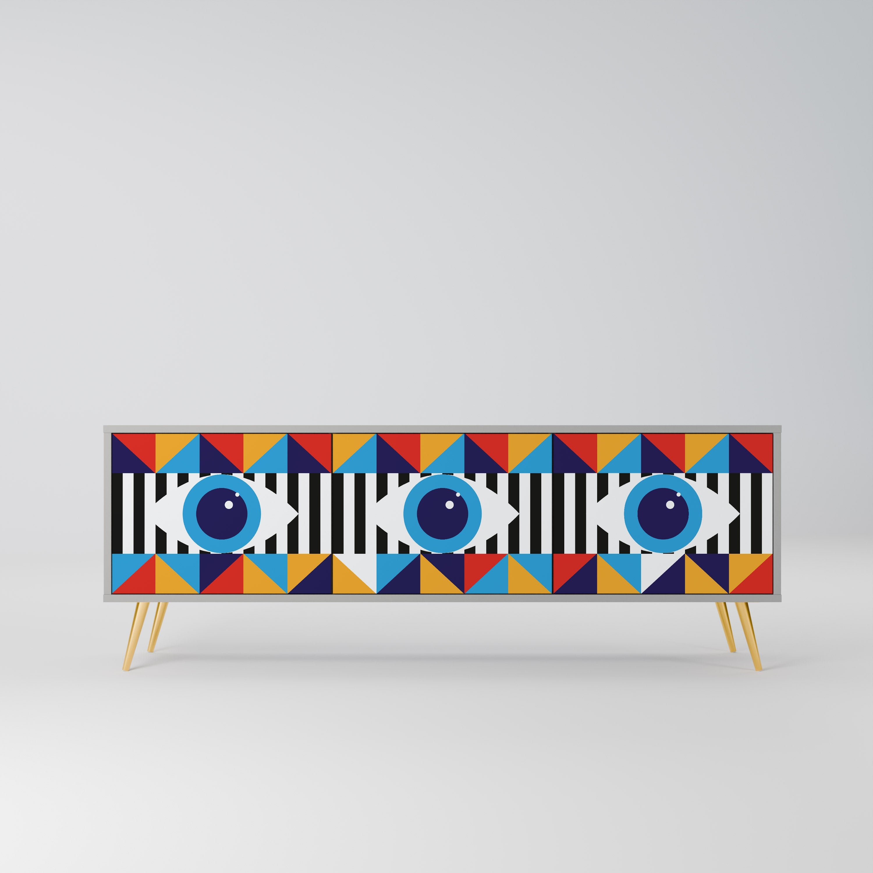 Meuble TV 3 portes ABSTRACTION ET GÉOMÉTRIE, finition grise