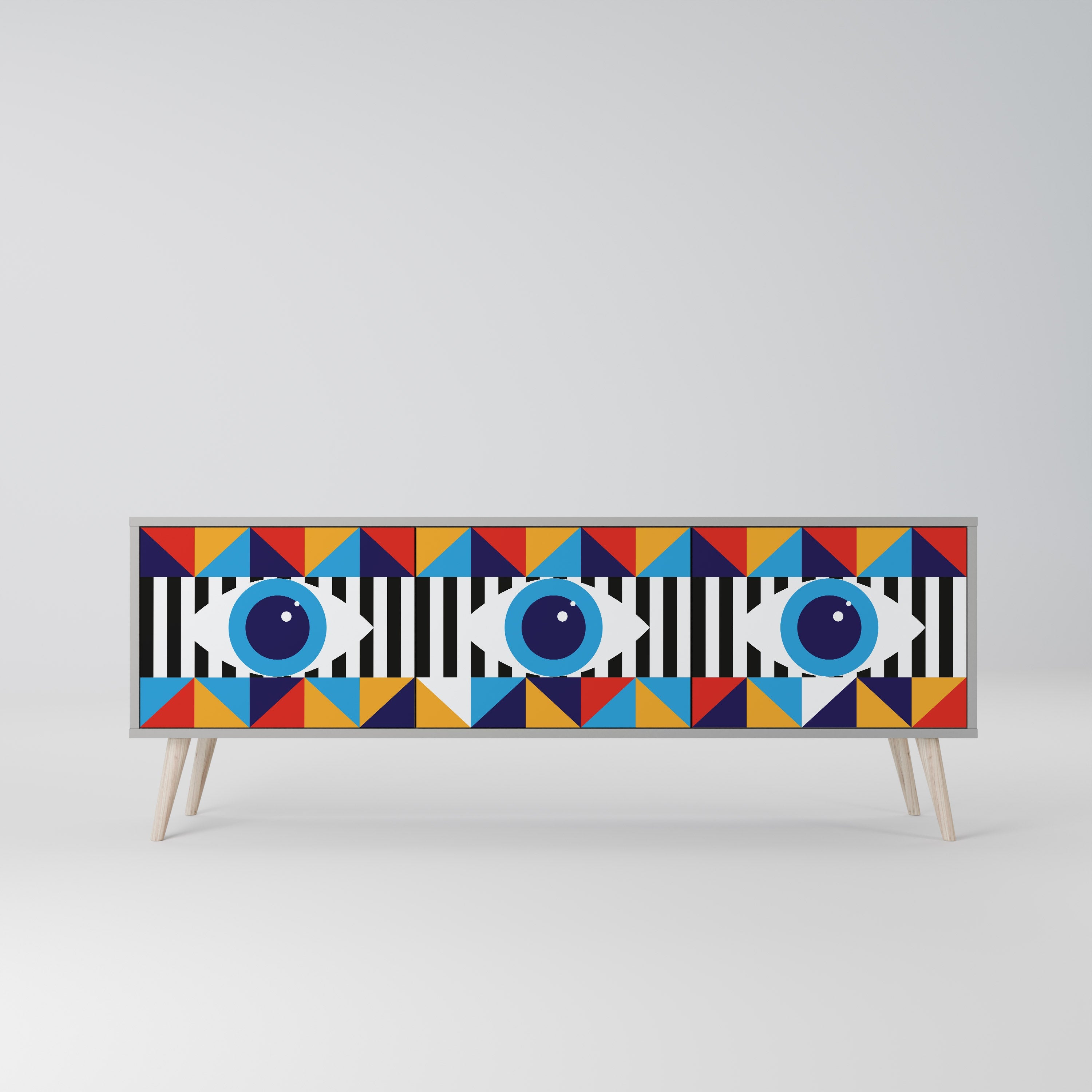 Meuble TV 3 portes ABSTRACTION ET GÉOMÉTRIE, finition grise