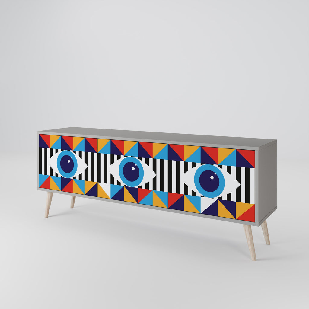 Meuble TV 3 portes ABSTRACTION ET GÉOMÉTRIE, finition grise