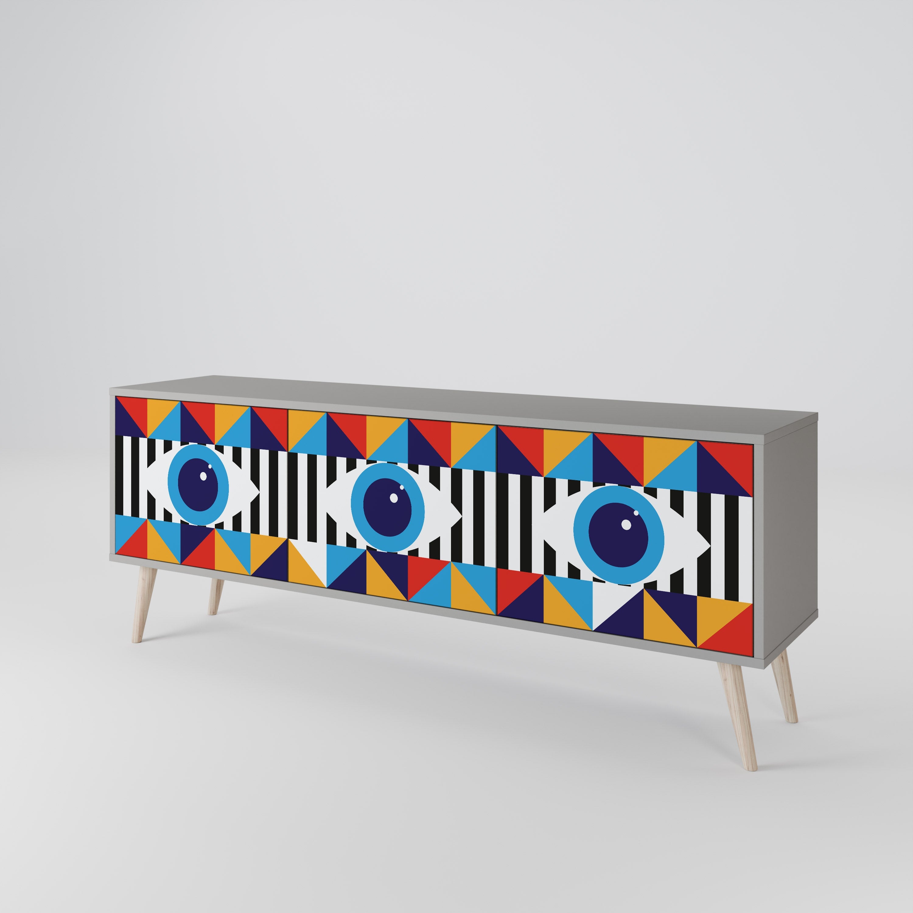 Meuble TV 3 portes ABSTRACTION ET GÉOMÉTRIE, finition grise