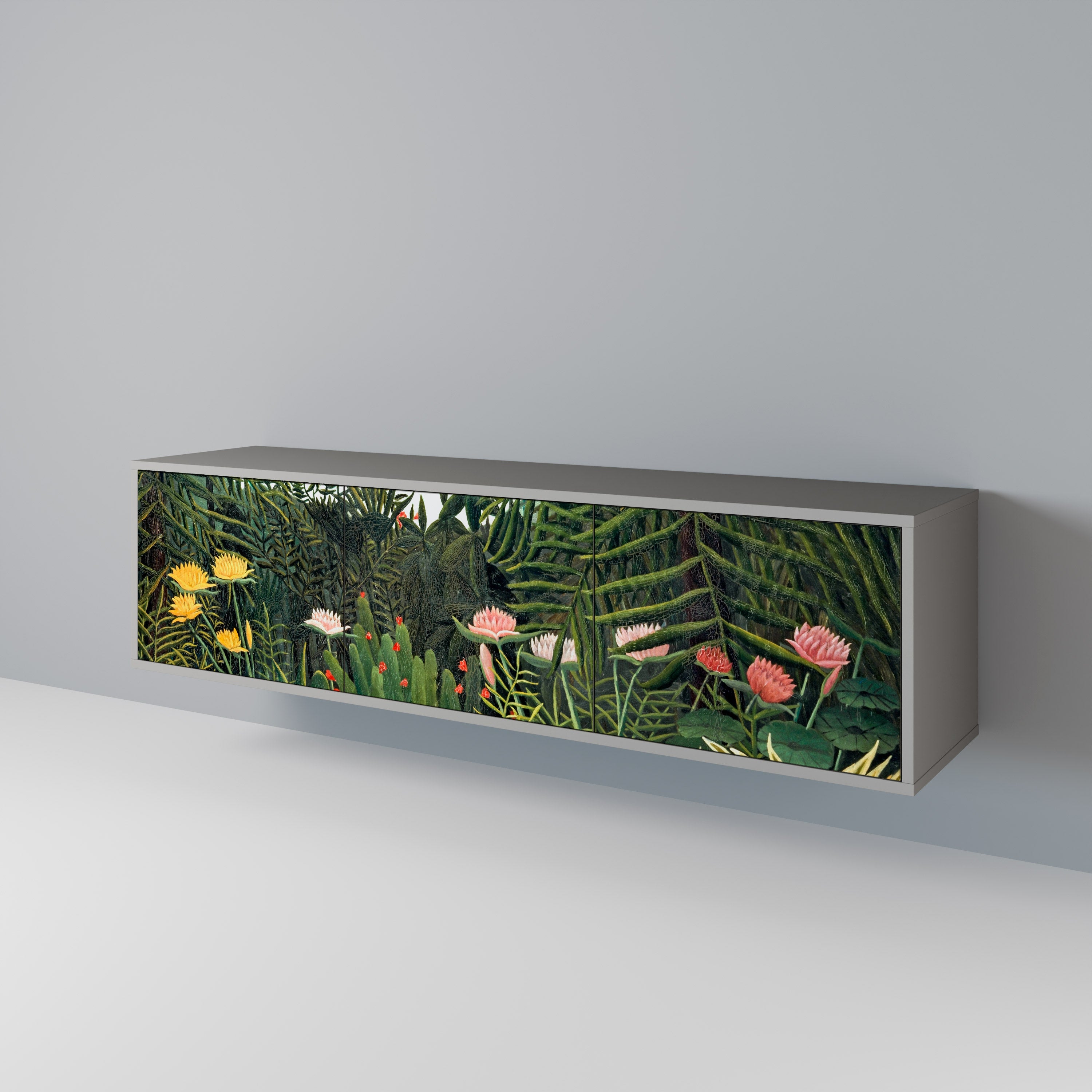 Meuble TV 3 portes VIRGIN FOREST AVEC SUNSET, finition grise