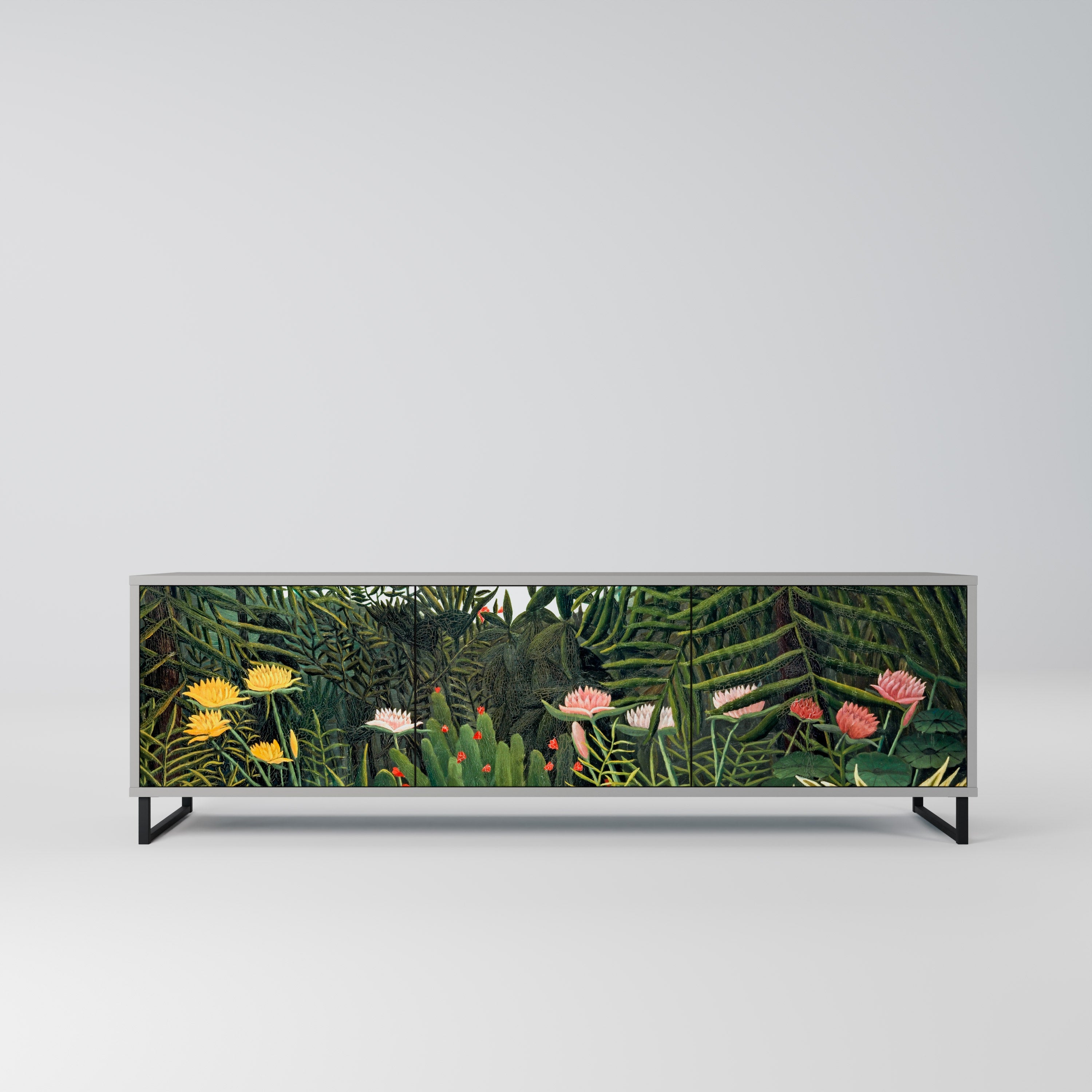 Meuble TV 3 portes VIRGIN FOREST AVEC SUNSET, finition grise