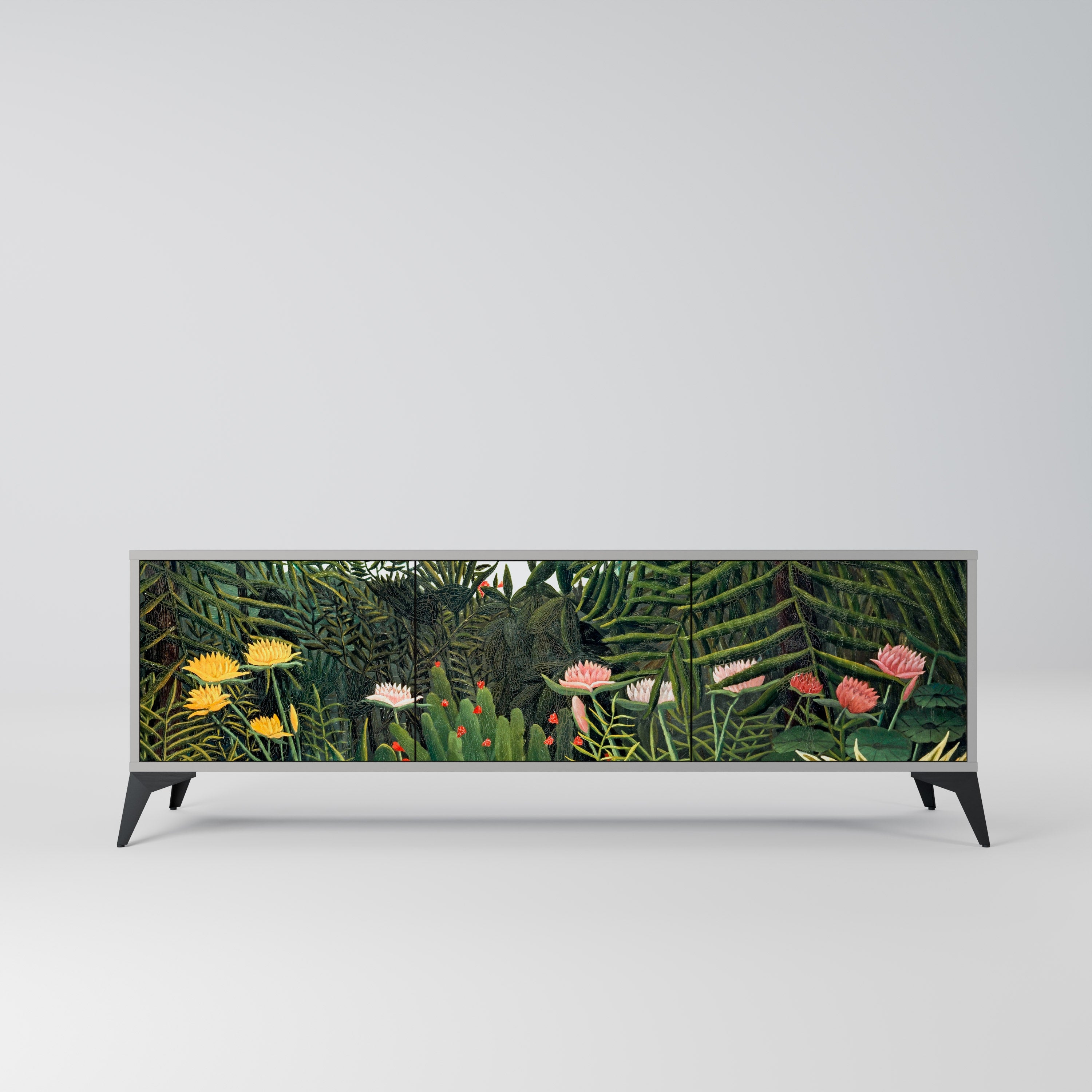 Meuble TV 3 portes VIRGIN FOREST AVEC SUNSET, finition grise