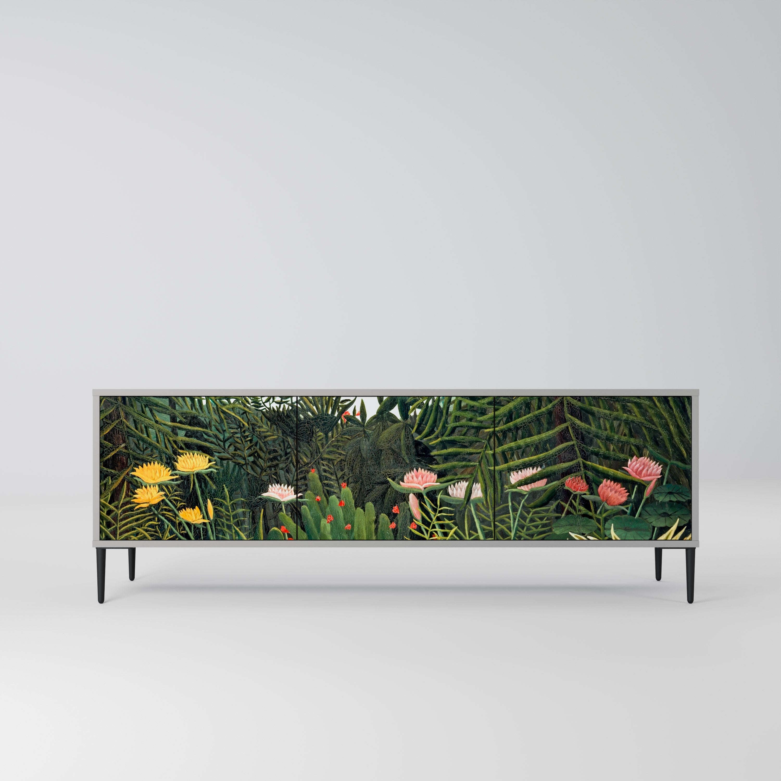 Meuble TV 3 portes VIRGIN FOREST AVEC SUNSET, finition grise