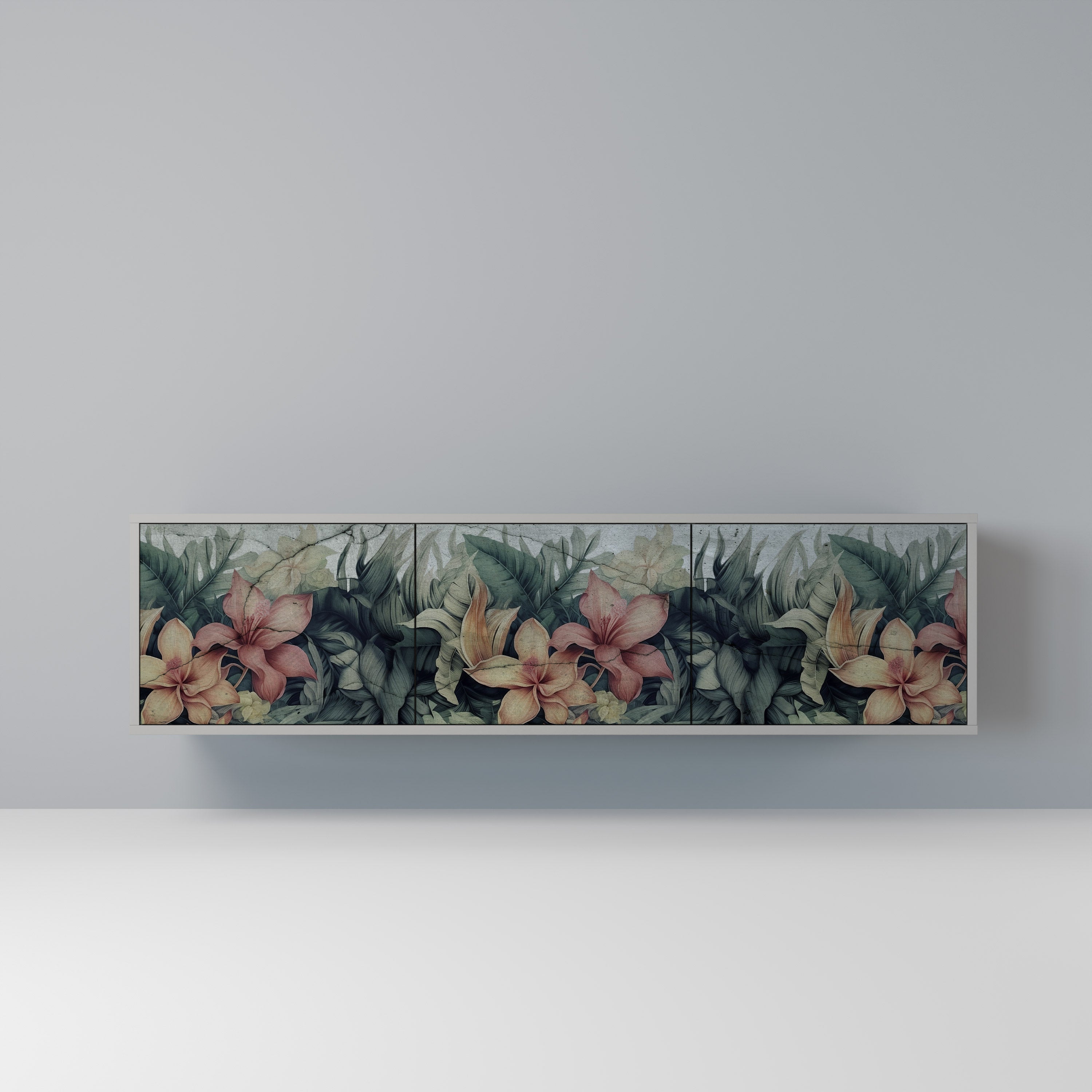 Meuble TV 3 portes HEAVENLY BLOOM, finition grise