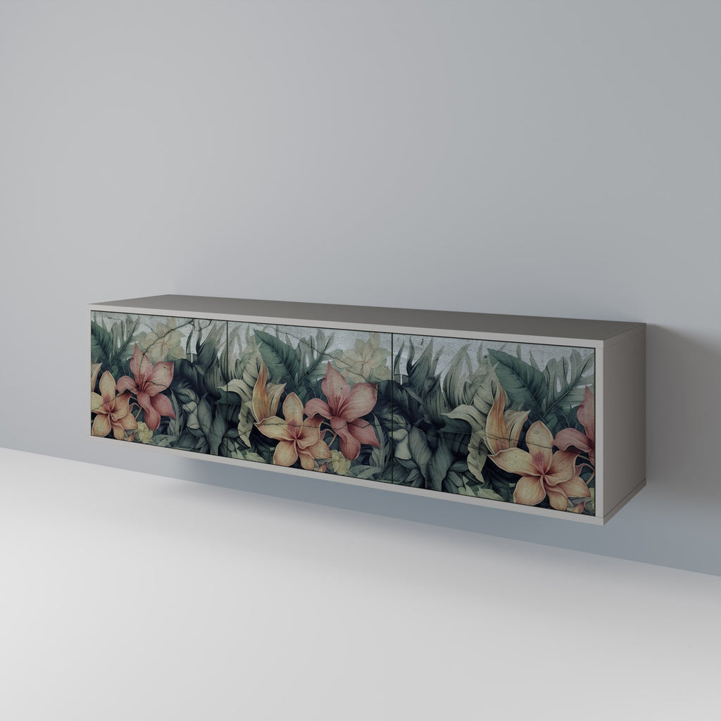 Meuble TV 3 portes HEAVENLY BLOOM, finition grise