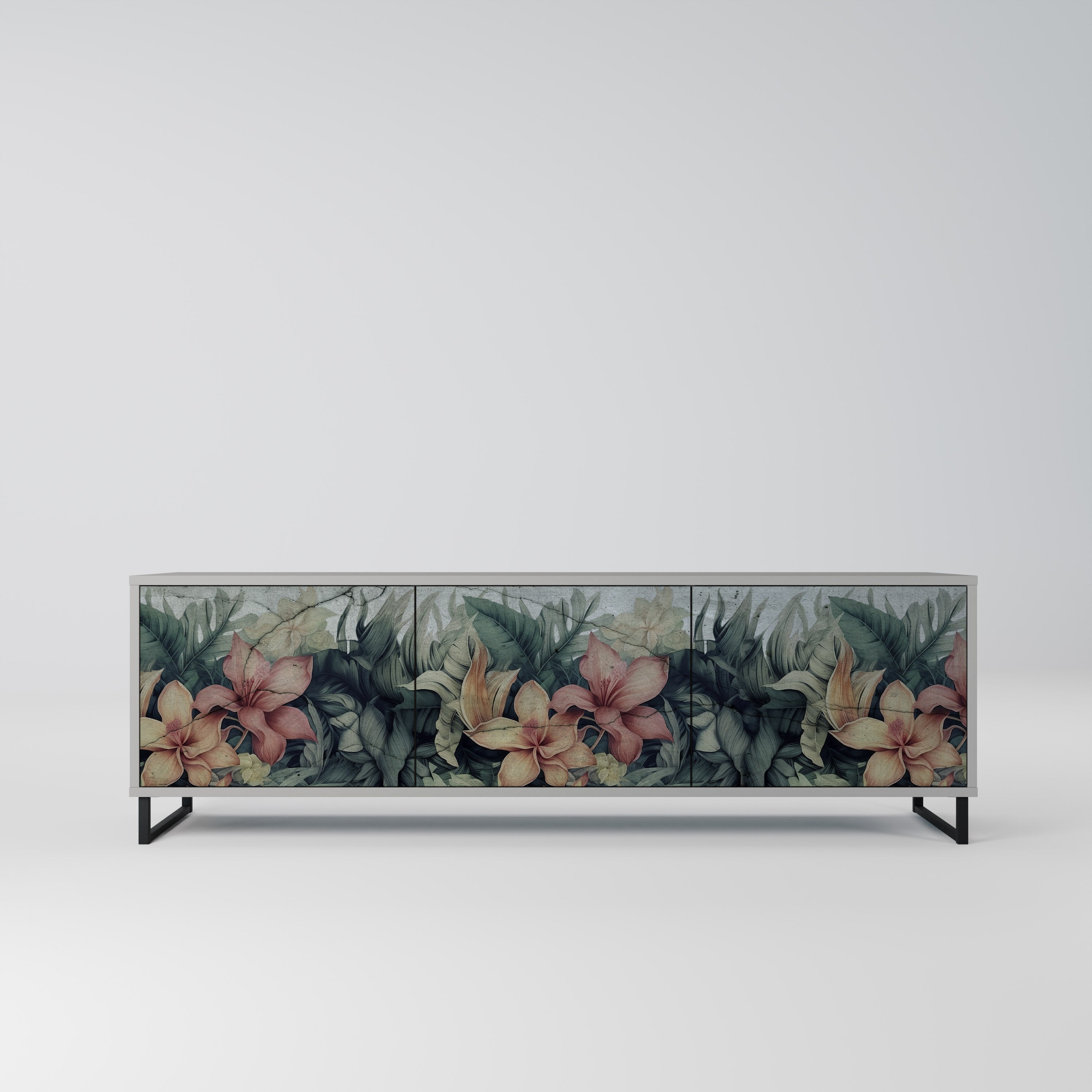 Meuble TV 3 portes HEAVENLY BLOOM, finition grise