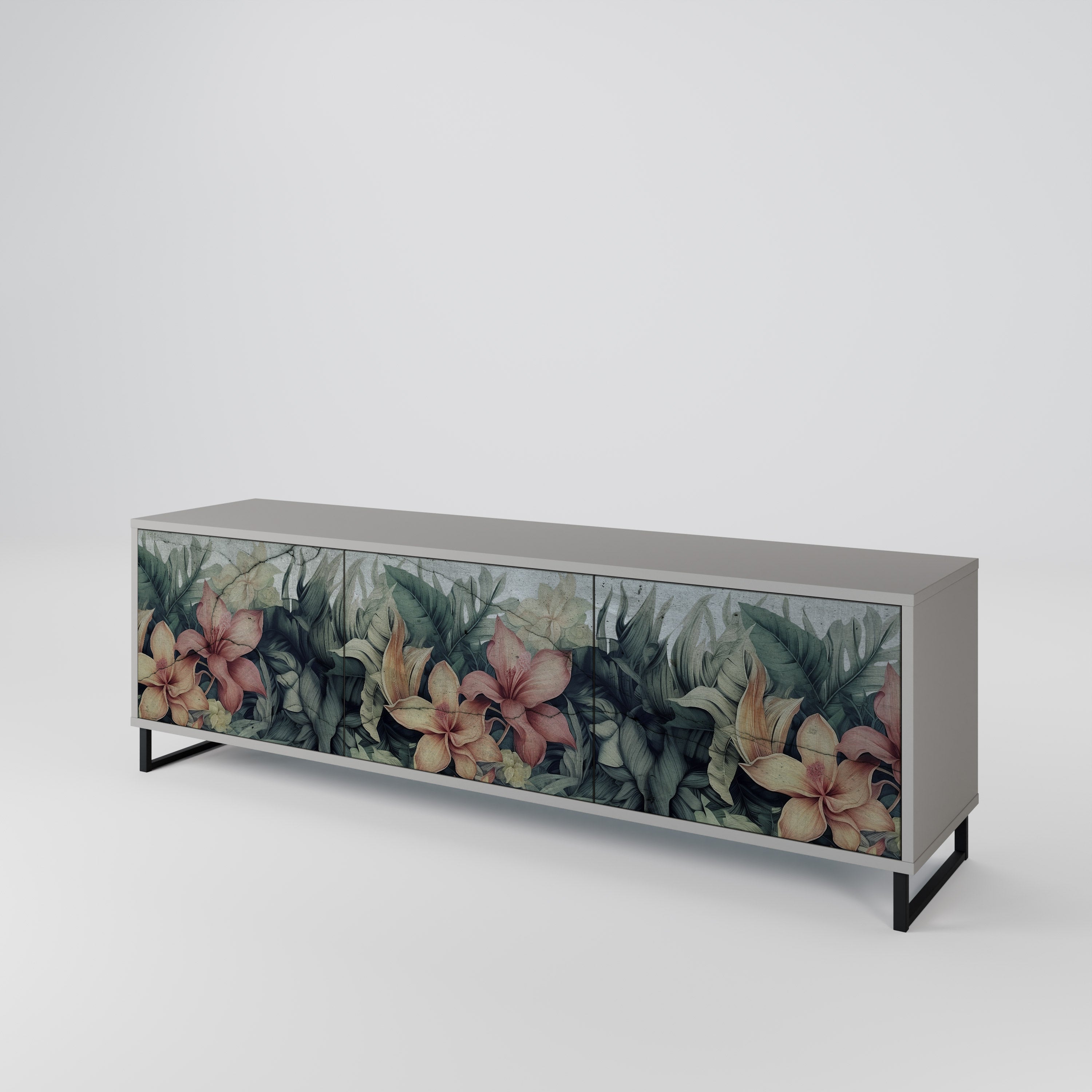 Meuble TV 3 portes HEAVENLY BLOOM, finition grise