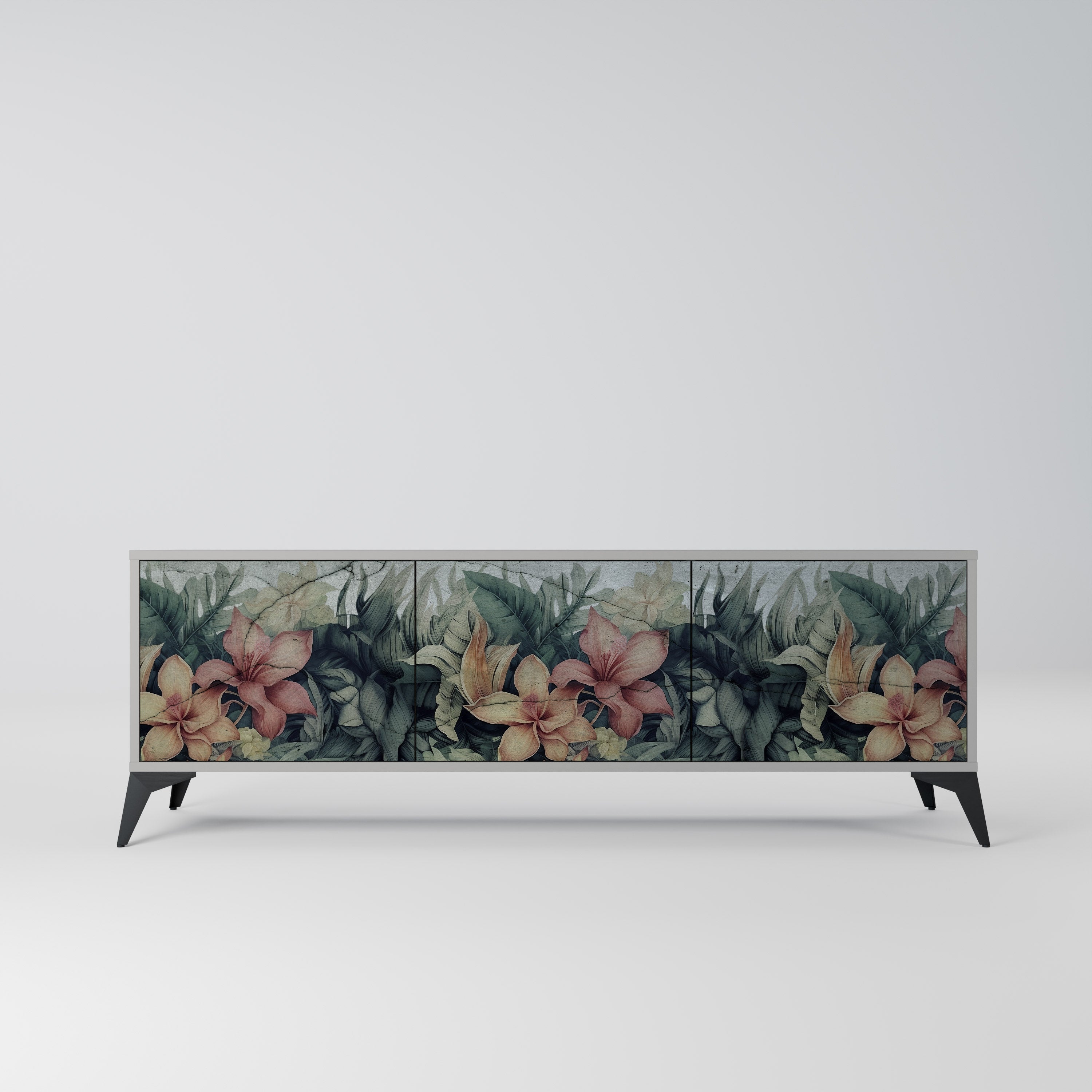 Meuble TV 3 portes HEAVENLY BLOOM, finition grise