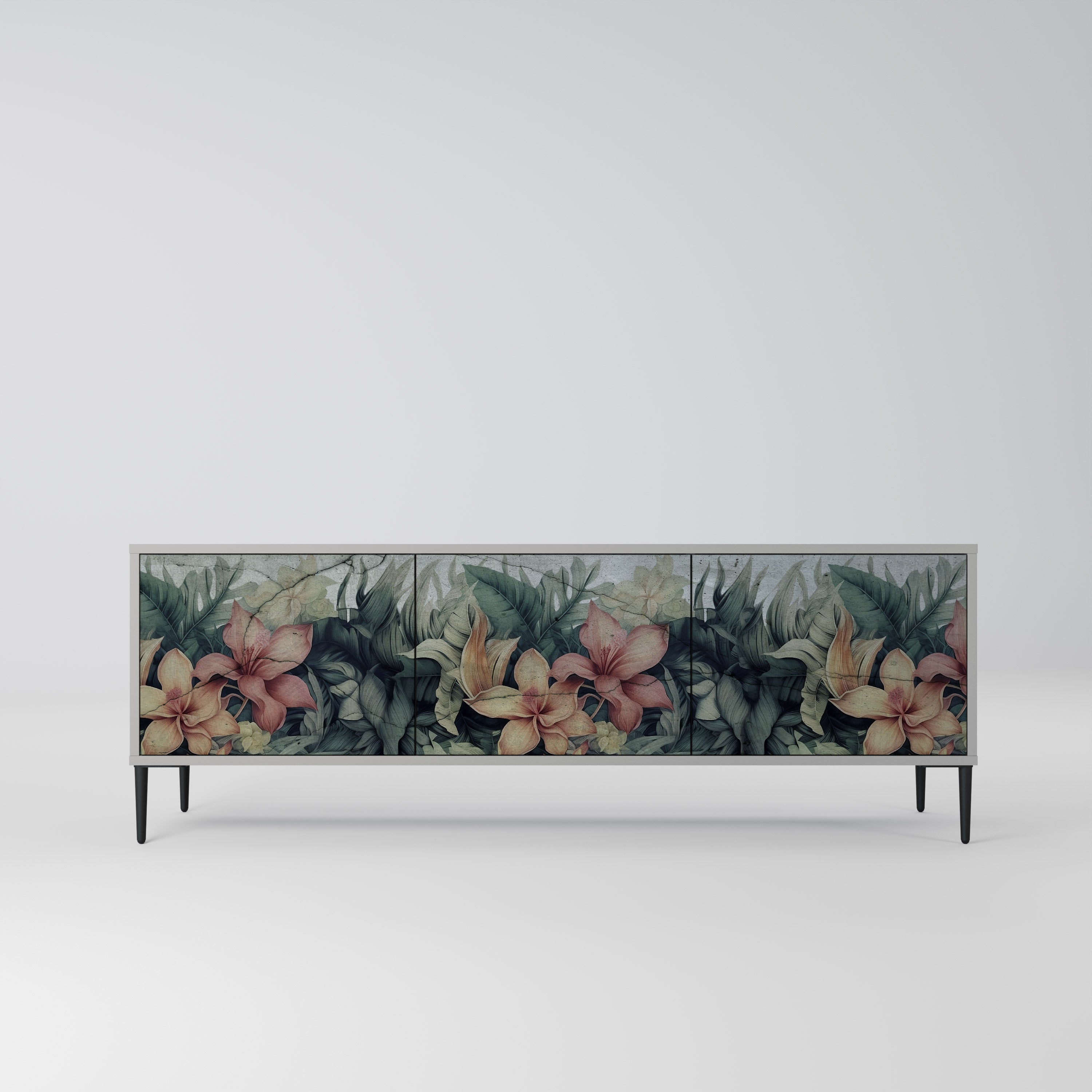 Meuble TV 3 portes HEAVENLY BLOOM, finition grise