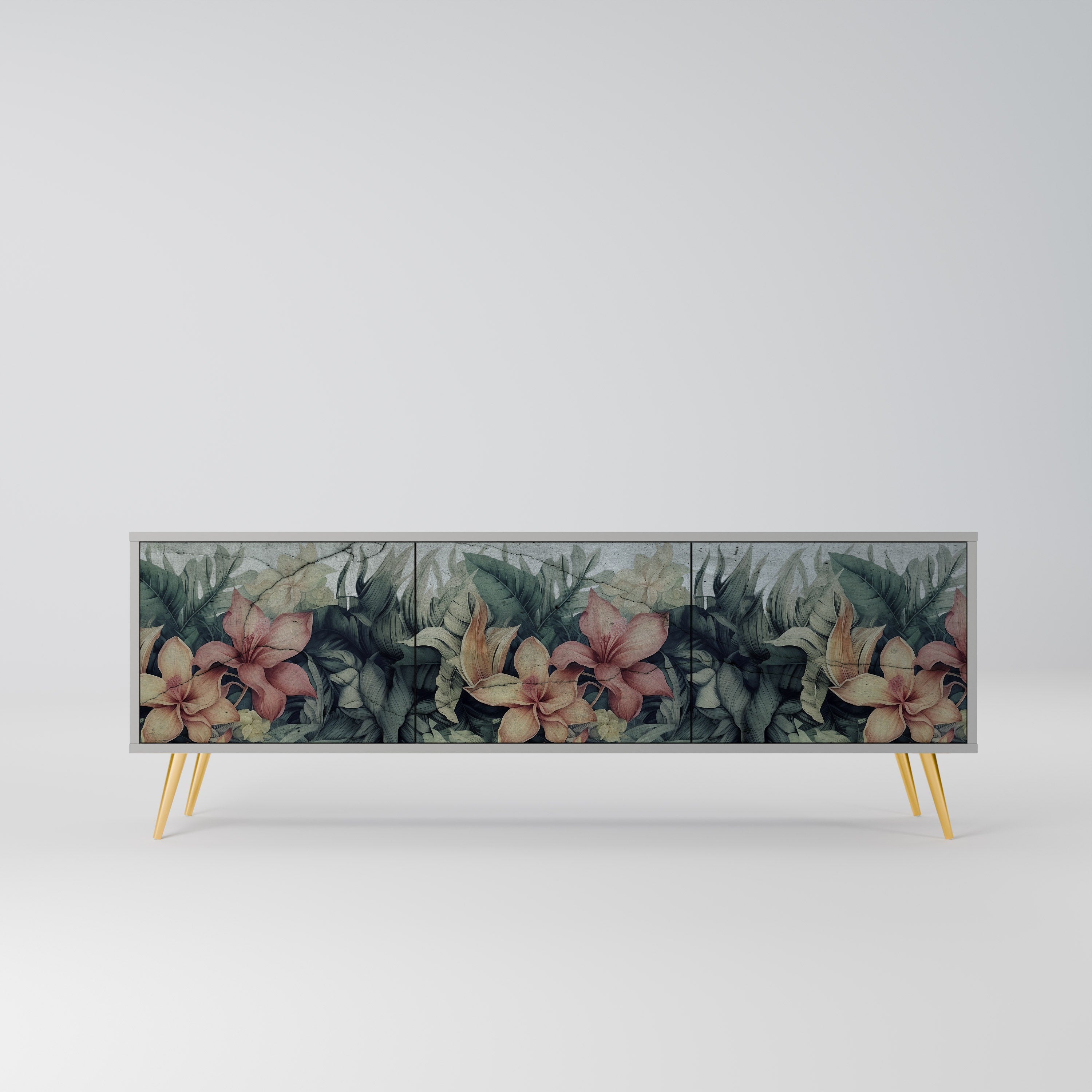 Meuble TV 3 portes HEAVENLY BLOOM, finition grise