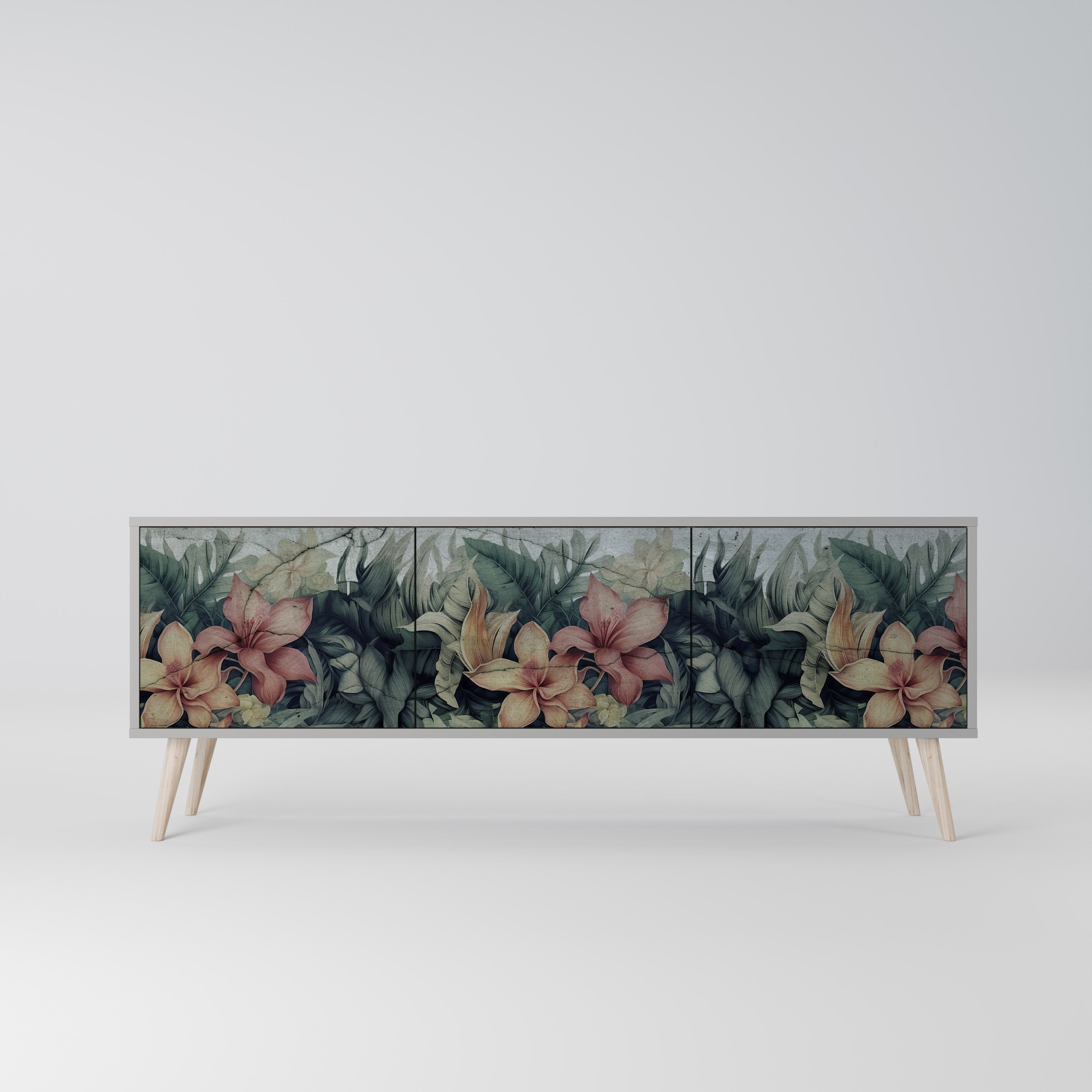 Meuble TV 3 portes HEAVENLY BLOOM, finition grise