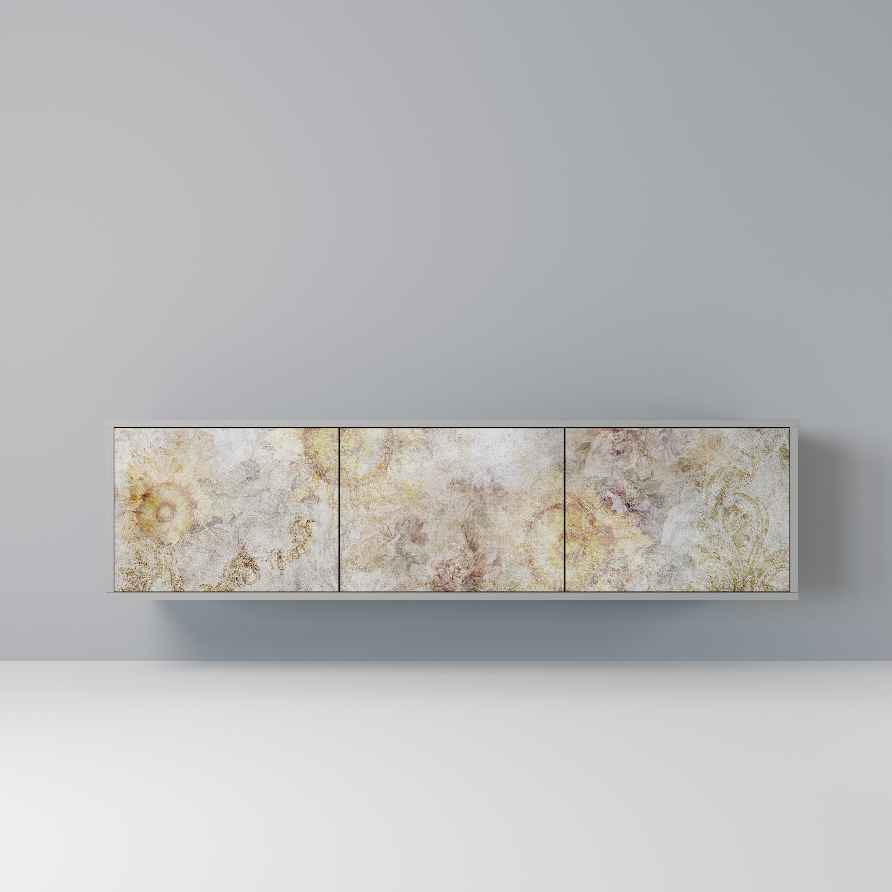 Meuble TV 3 portes SUNFLOWER BLUR, finition grise