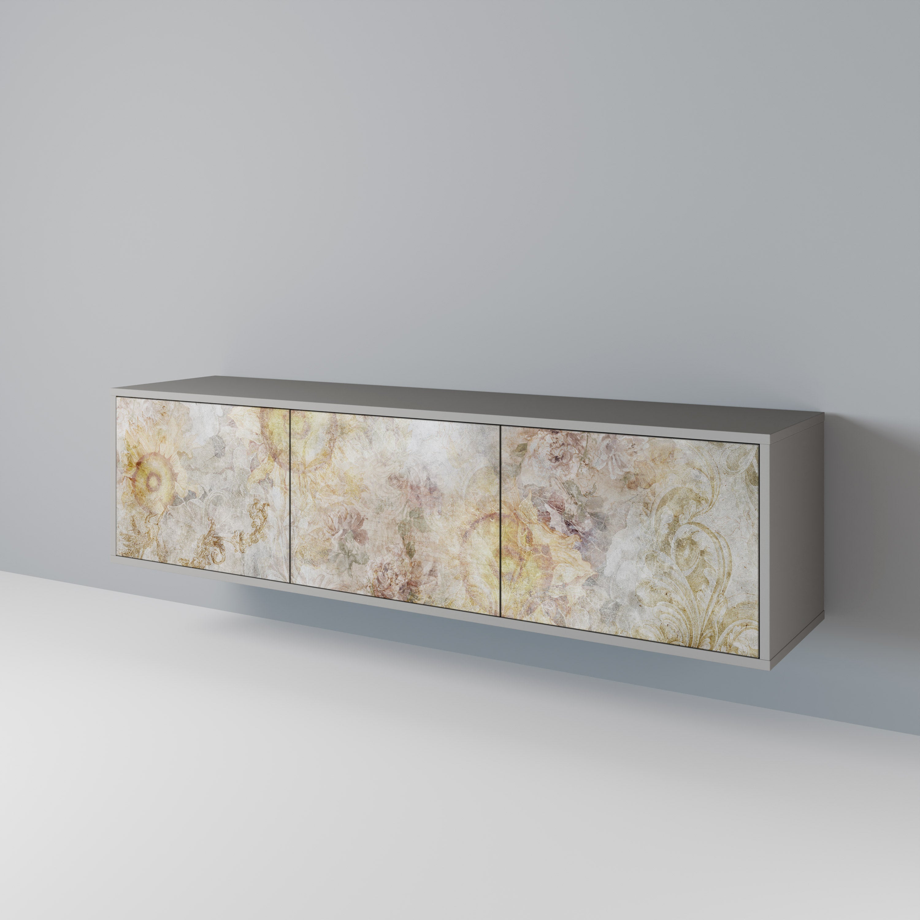 Meuble TV 3 portes SUNFLOWER BLUR, finition grise