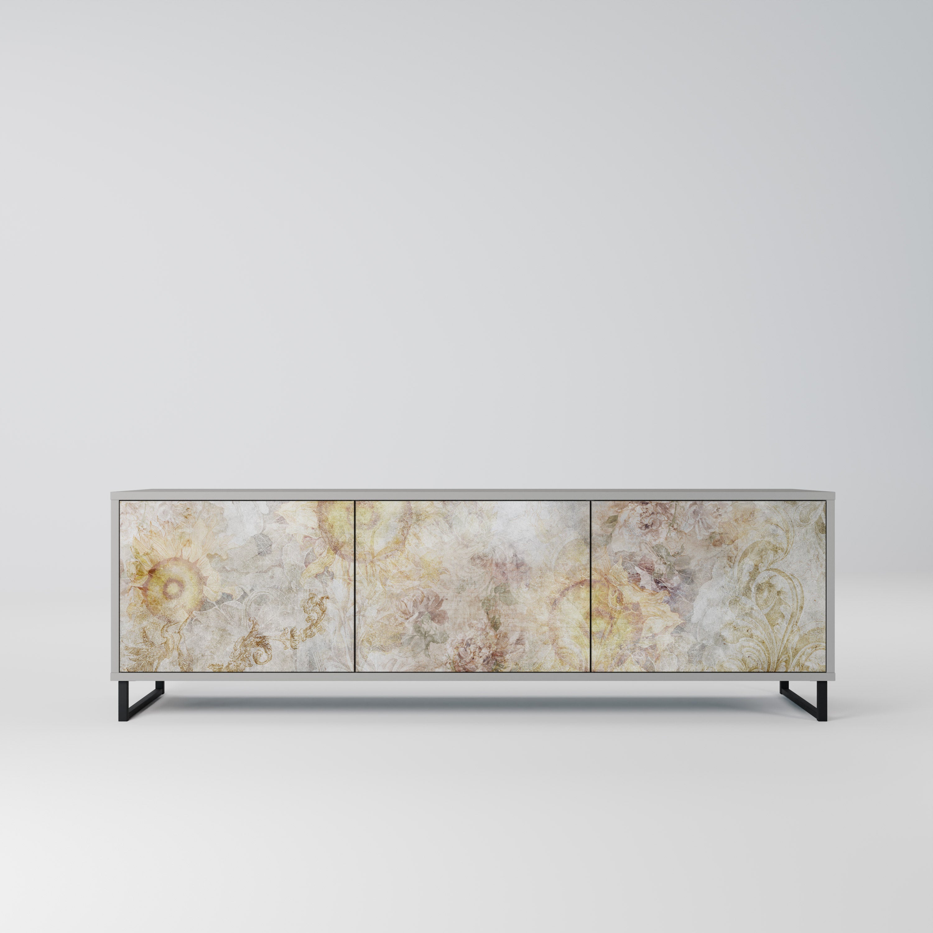 Meuble TV 3 portes SUNFLOWER BLUR, finition grise