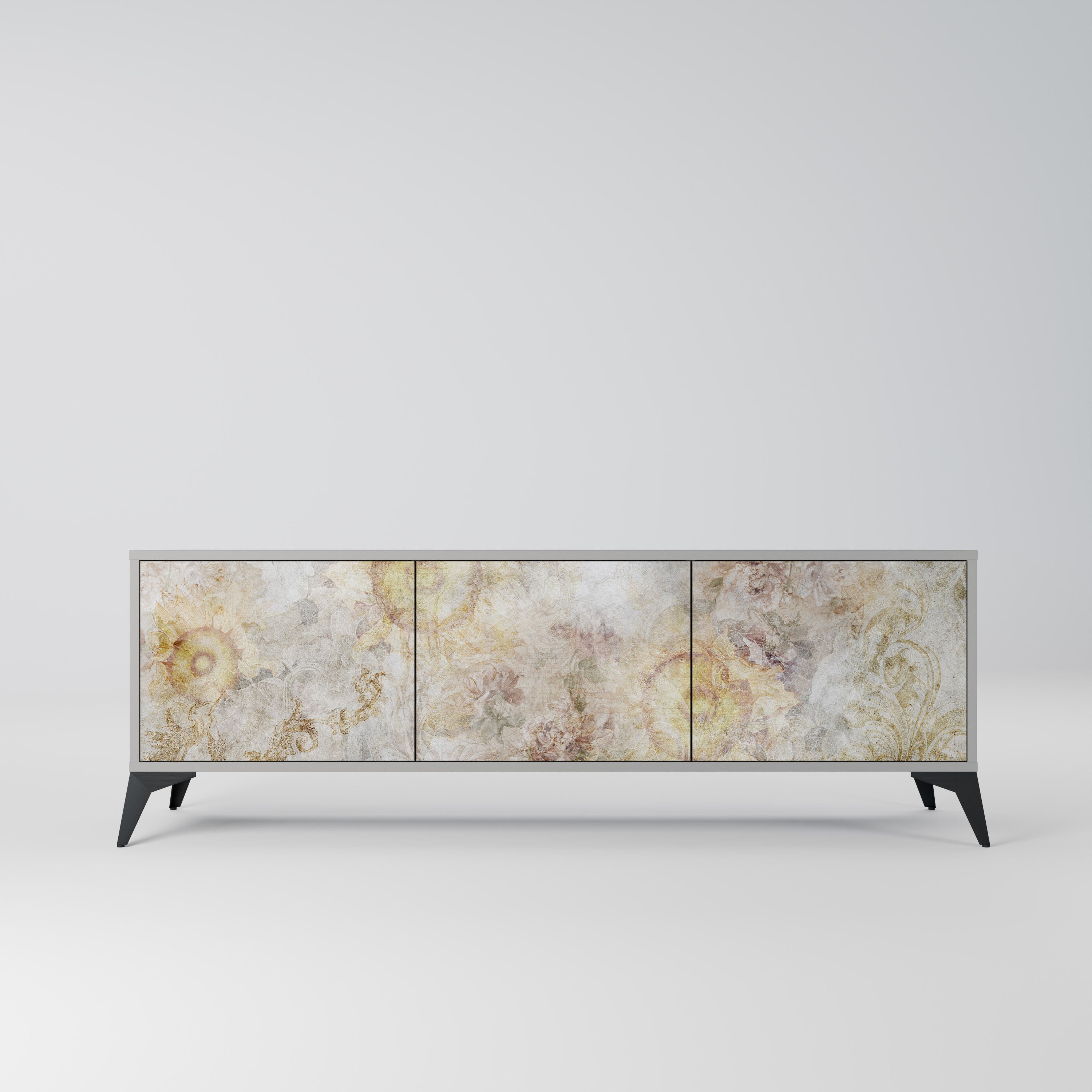 Meuble TV 3 portes SUNFLOWER BLUR, finition grise