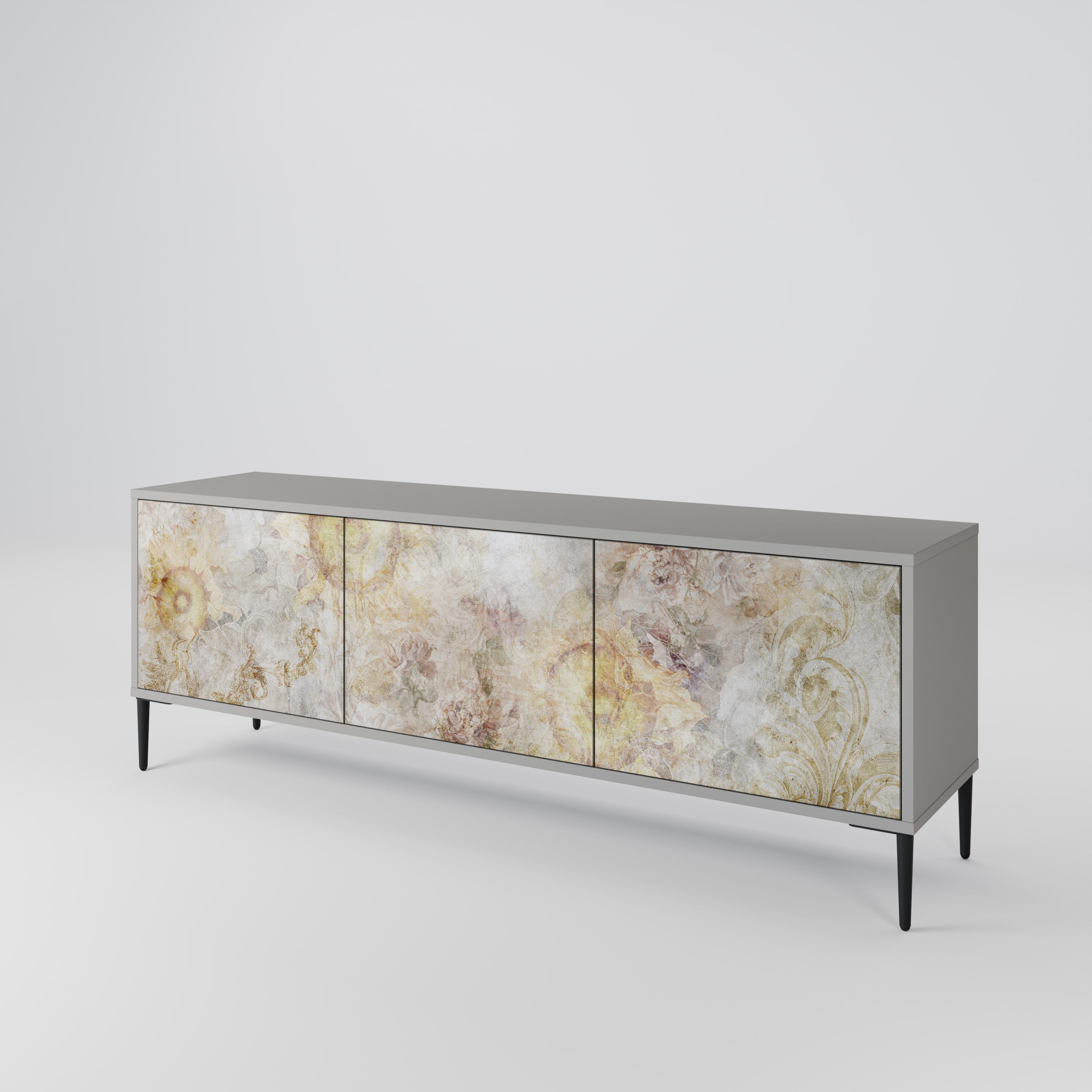 Meuble TV 3 portes SUNFLOWER BLUR, finition grise