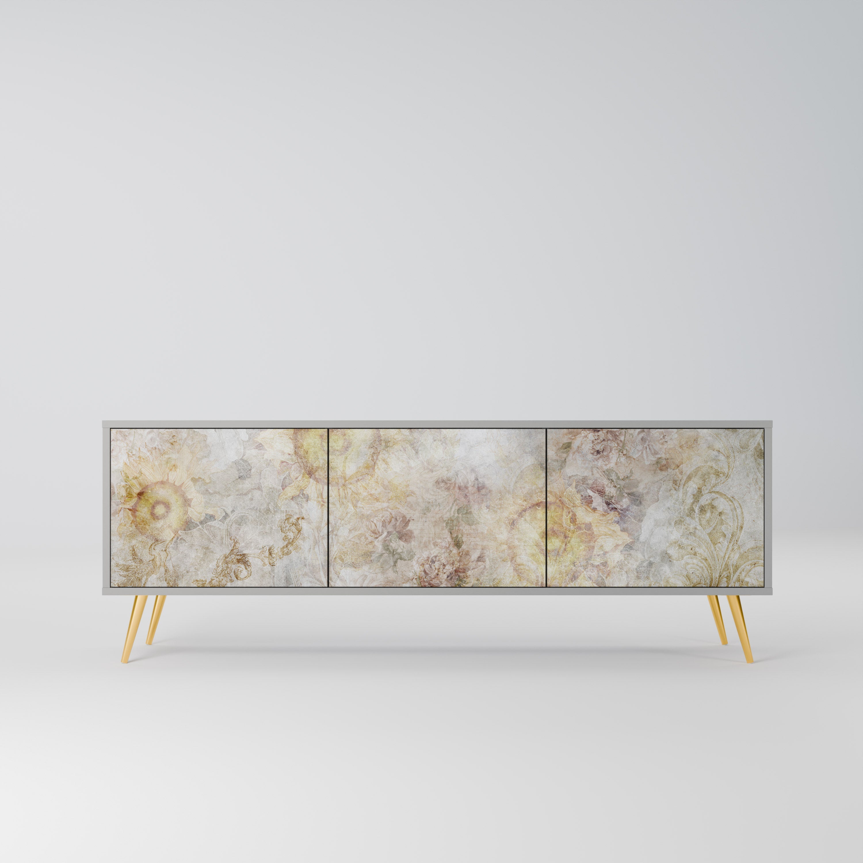 Meuble TV 3 portes SUNFLOWER BLUR, finition grise