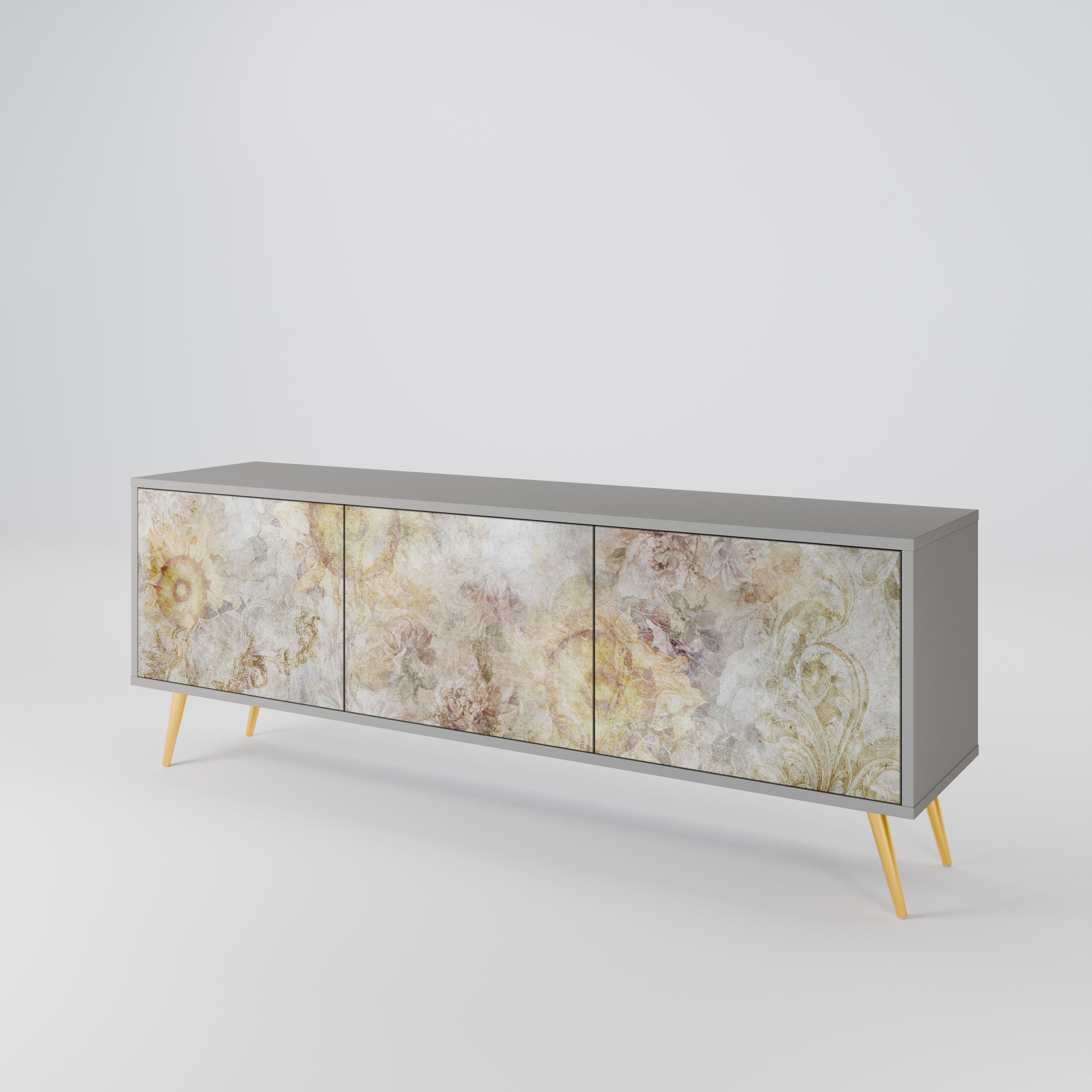 Meuble TV 3 portes SUNFLOWER BLUR, finition grise