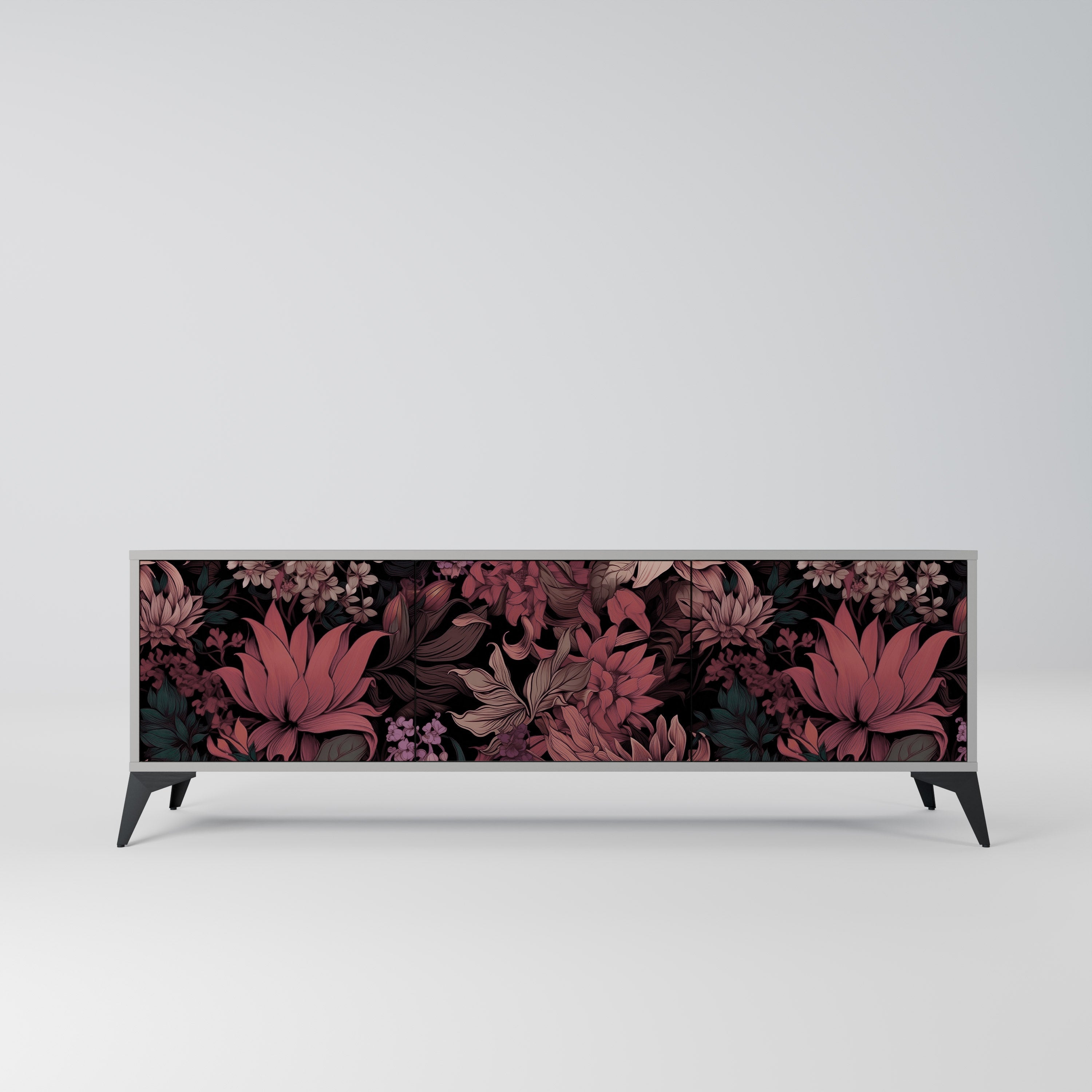 Meuble TV 3 portes FLORAL WHISPER finition grise